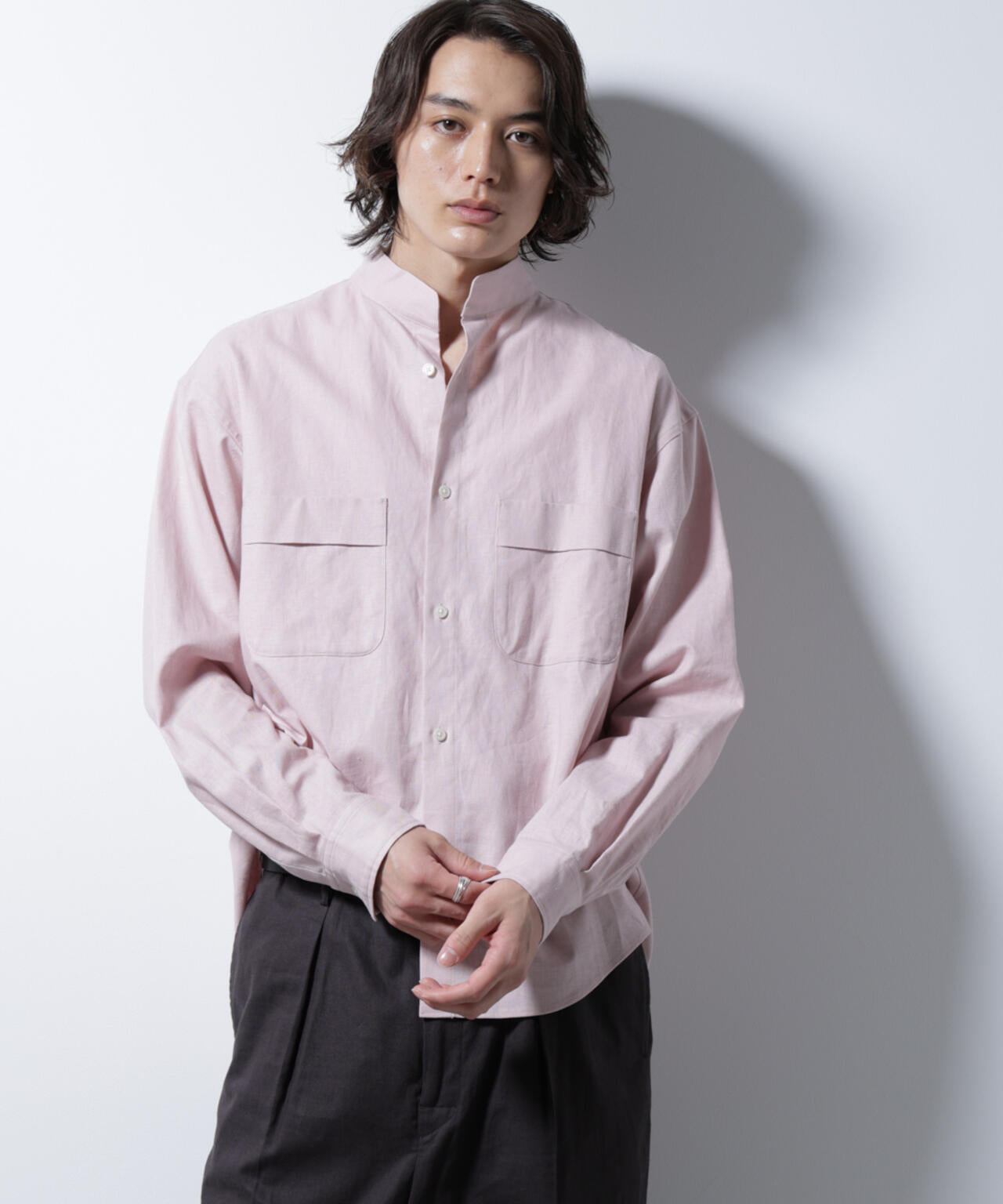 「BELGIUM LINEN FABRICS」リネンコットンスタンドカラーシャツ 6685120219