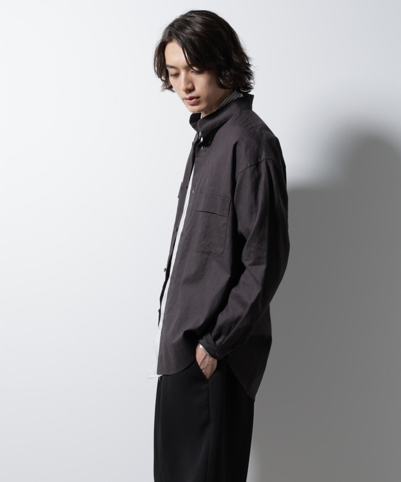 「BELGIUM LINEN FABRICS」リネンコットンスタンドカラーシャツ 6685120219