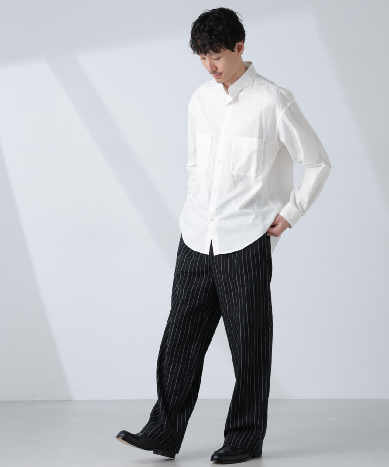「BELGIUM LINEN FABRICS」リネンコットンスタンドカラーシャツ 6685120219