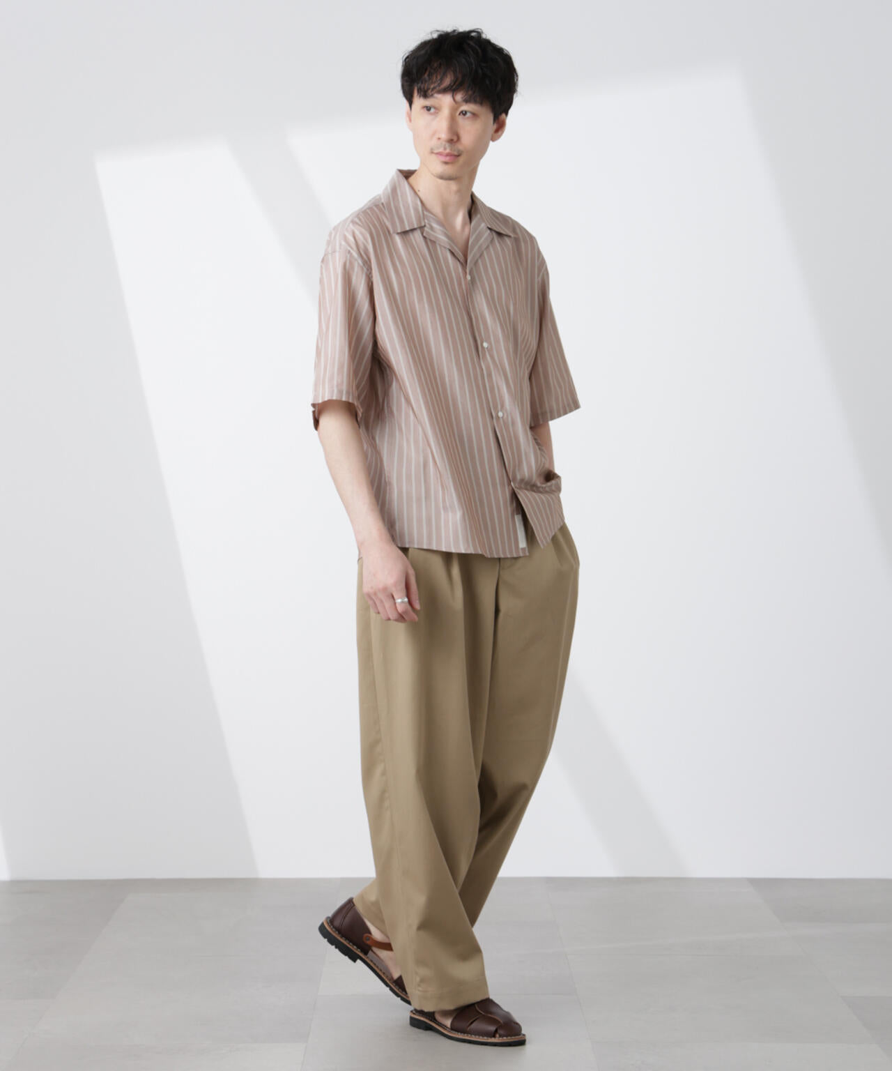 「大人のワイドシャツ」ストライプオープンカラー半袖シャツ 6685121214