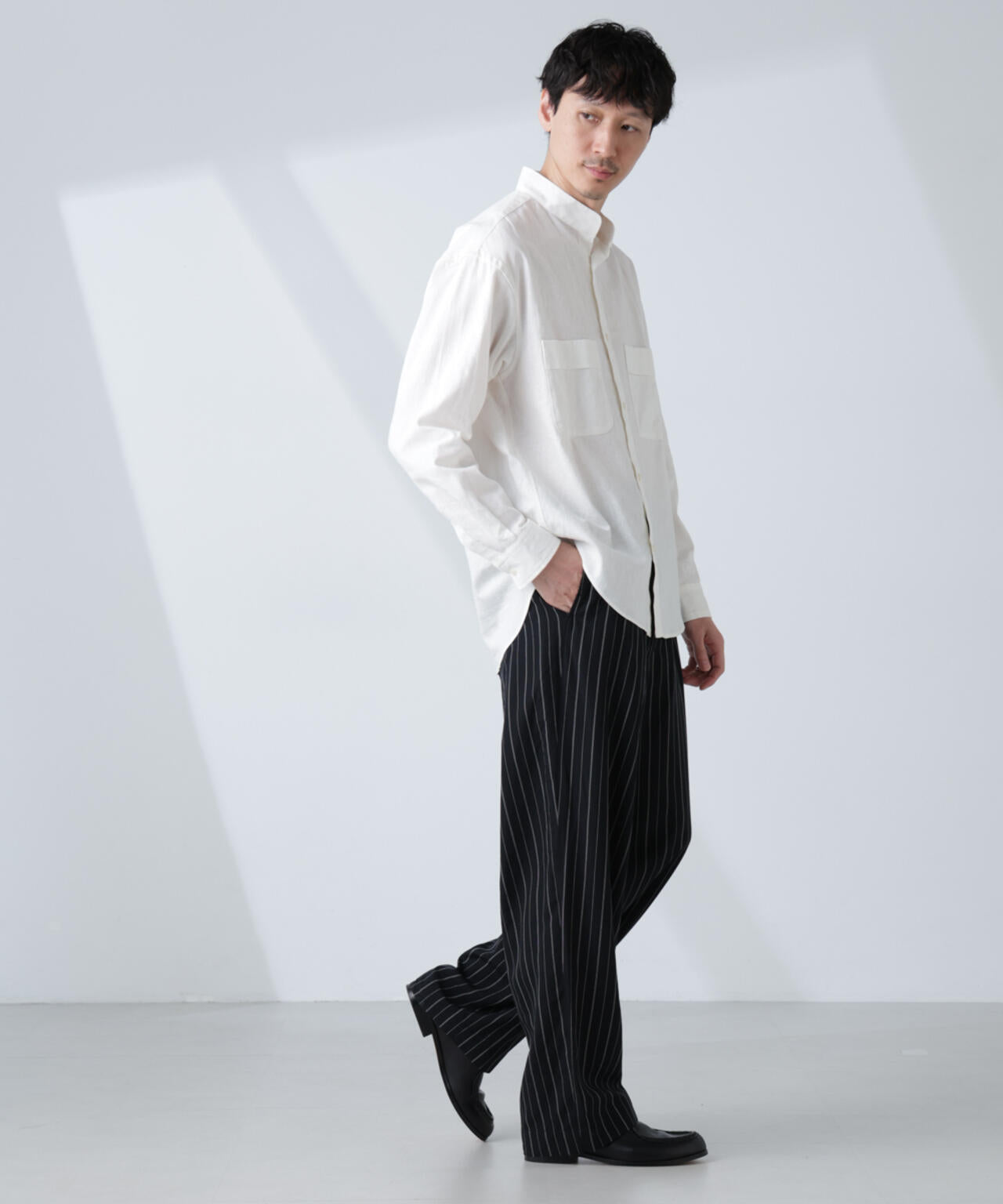「BELGIUM LINEN FABRICS」リネンコットンスタンドカラーシャツ 6685120219