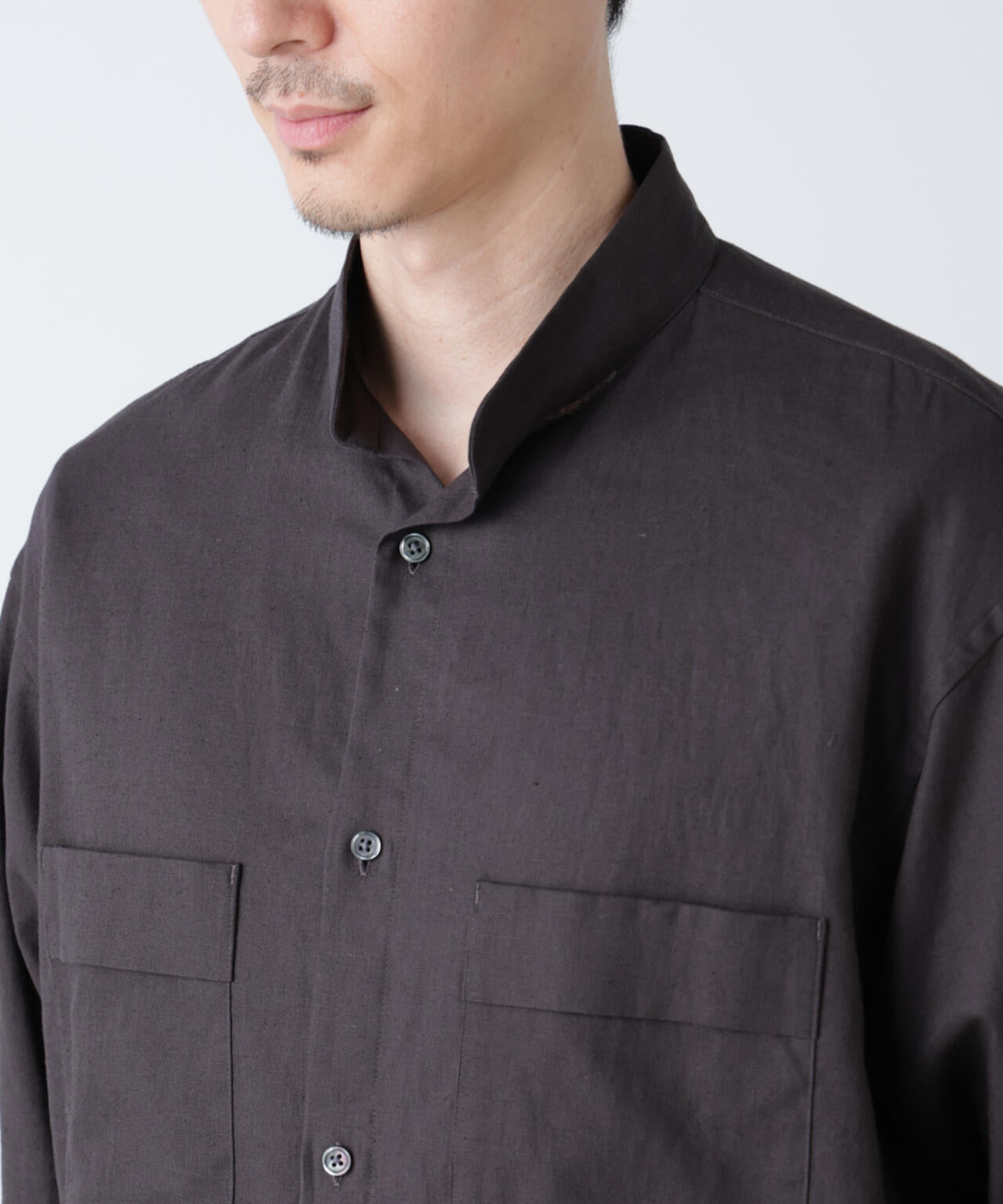 「BELGIUM LINEN FABRICS」リネンコットンスタンドカラーシャツ 6685120219