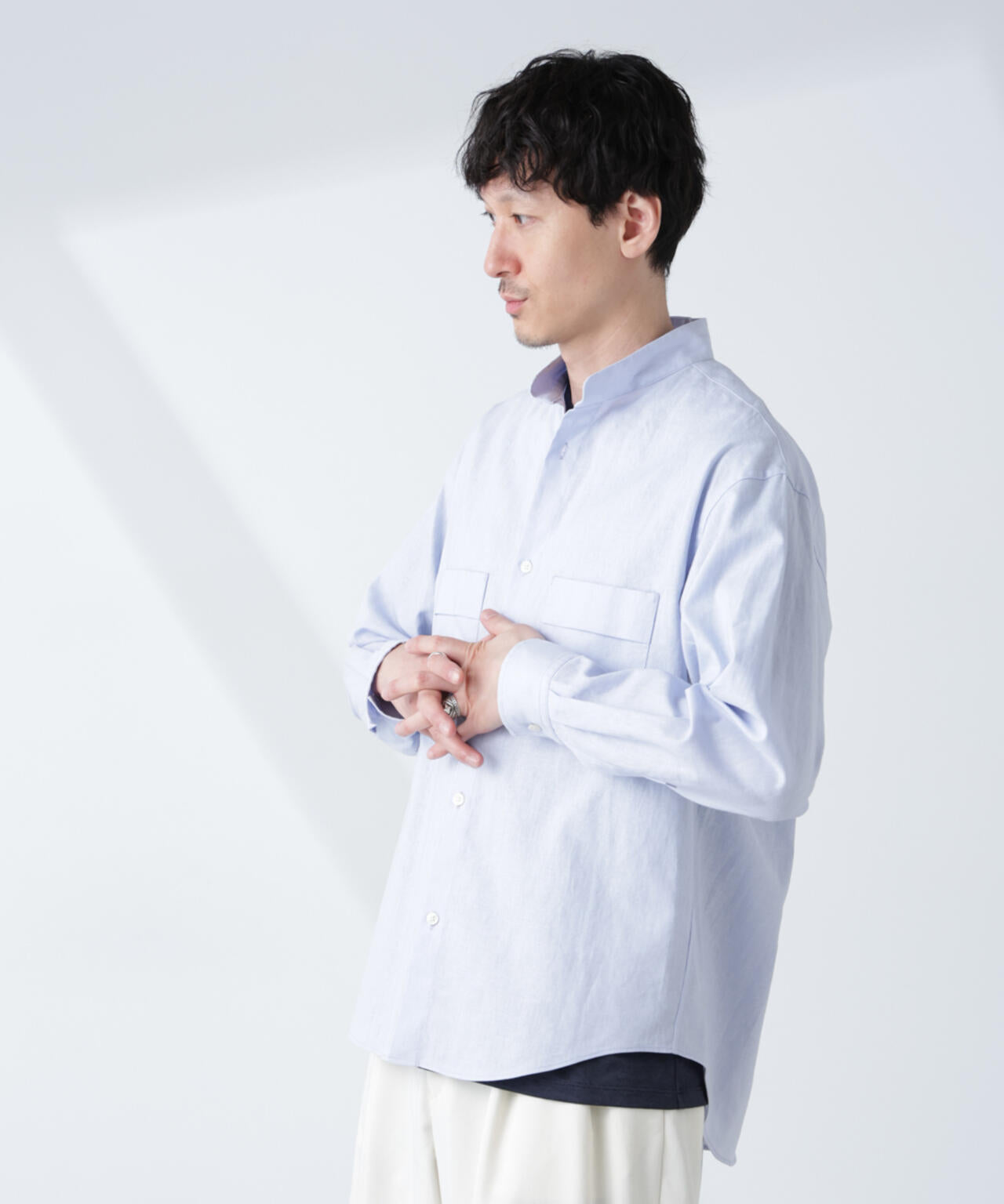 「BELGIUM LINEN FABRICS」リネンコットンスタンドカラーシャツ 6685120219