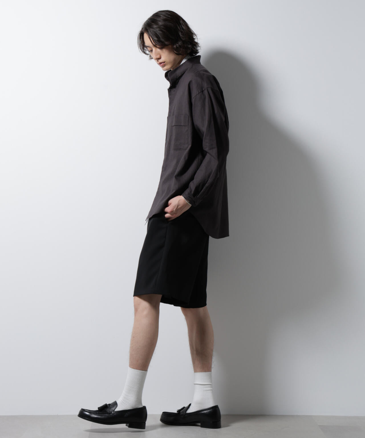 「BELGIUM LINEN FABRICS」リネンコットンスタンドカラーシャツ 6685120219
