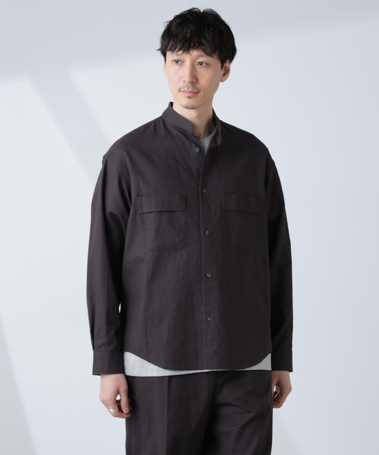 「BELGIUM LINEN FABRICS」リネンコットンスタンドカラーシャツ 6685120219