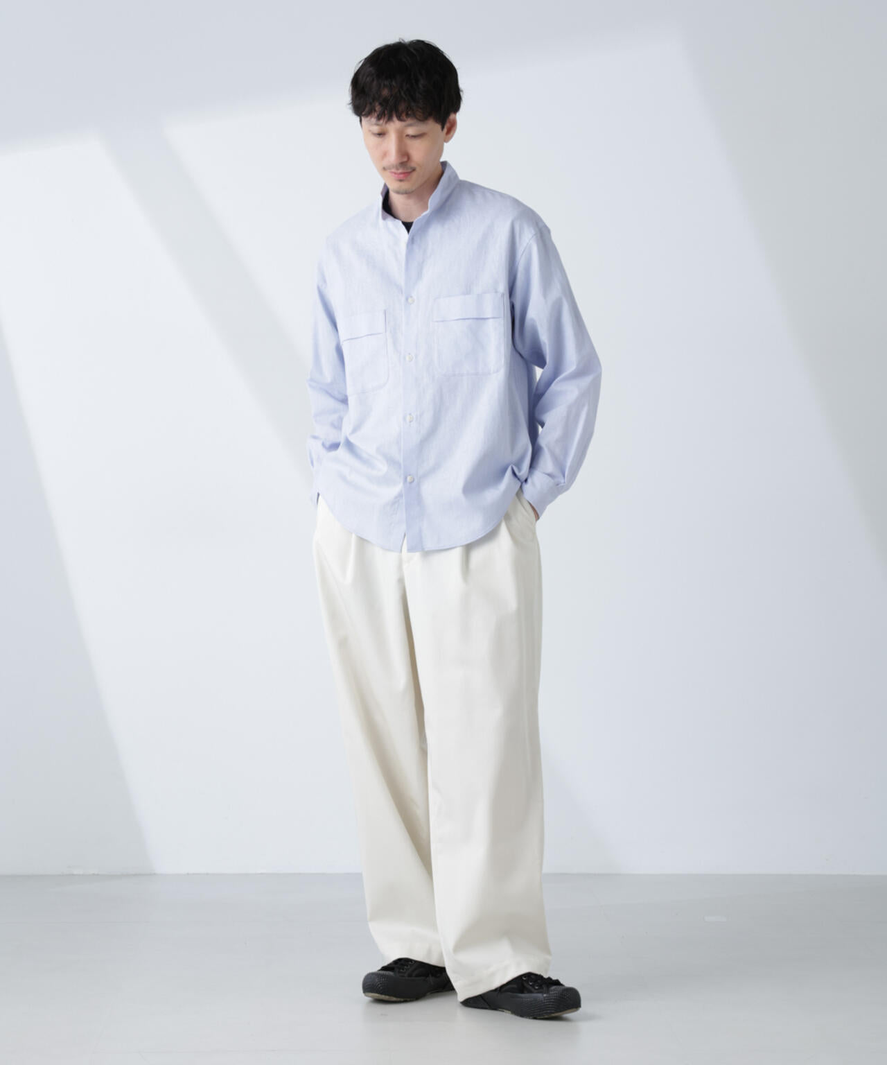 「BELGIUM LINEN FABRICS」リネンコットンスタンドカラーシャツ 6685120219