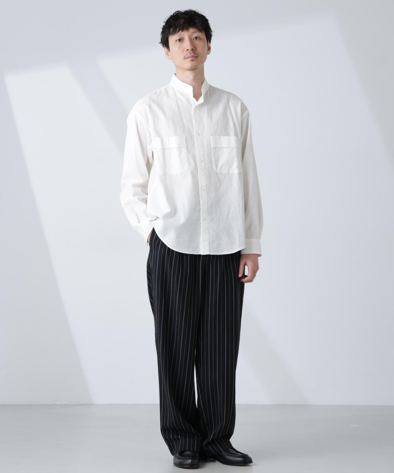 「BELGIUM LINEN FABRICS」リネンコットンスタンドカラーシャツ 6685120219