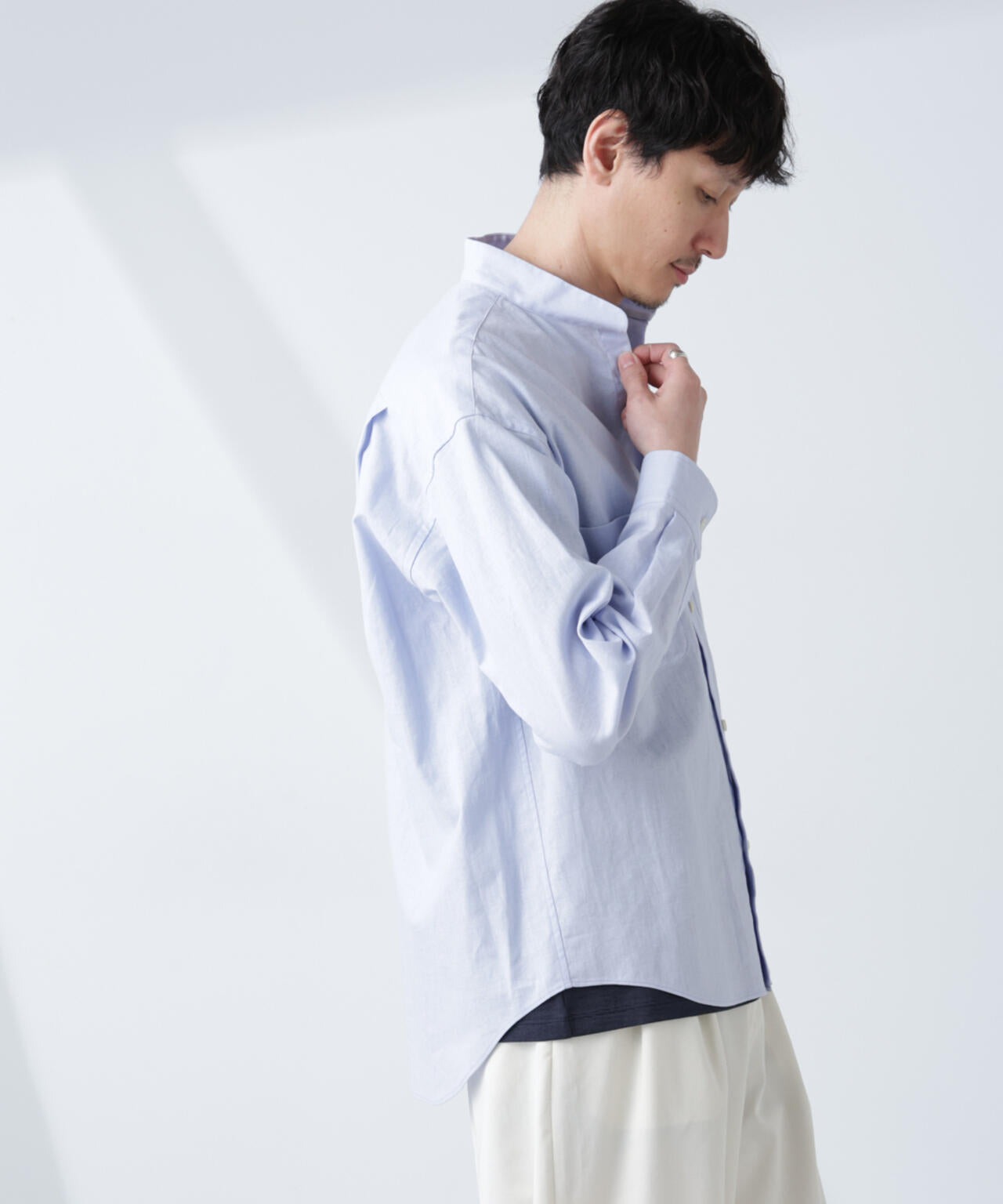 「BELGIUM LINEN FABRICS」リネンコットンスタンドカラーシャツ 6685120219