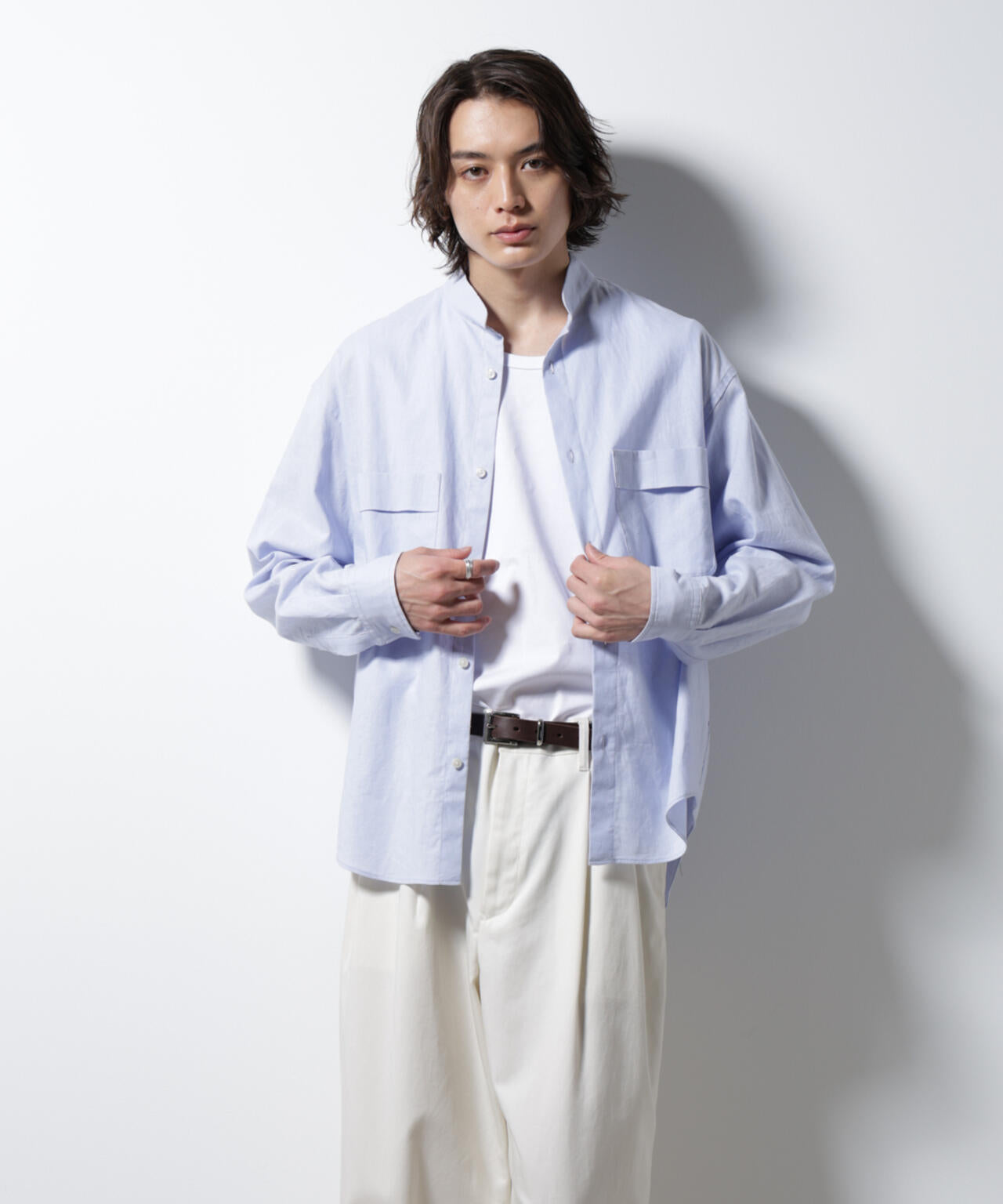 「BELGIUM LINEN FABRICS」リネンコットンスタンドカラーシャツ 6685120219