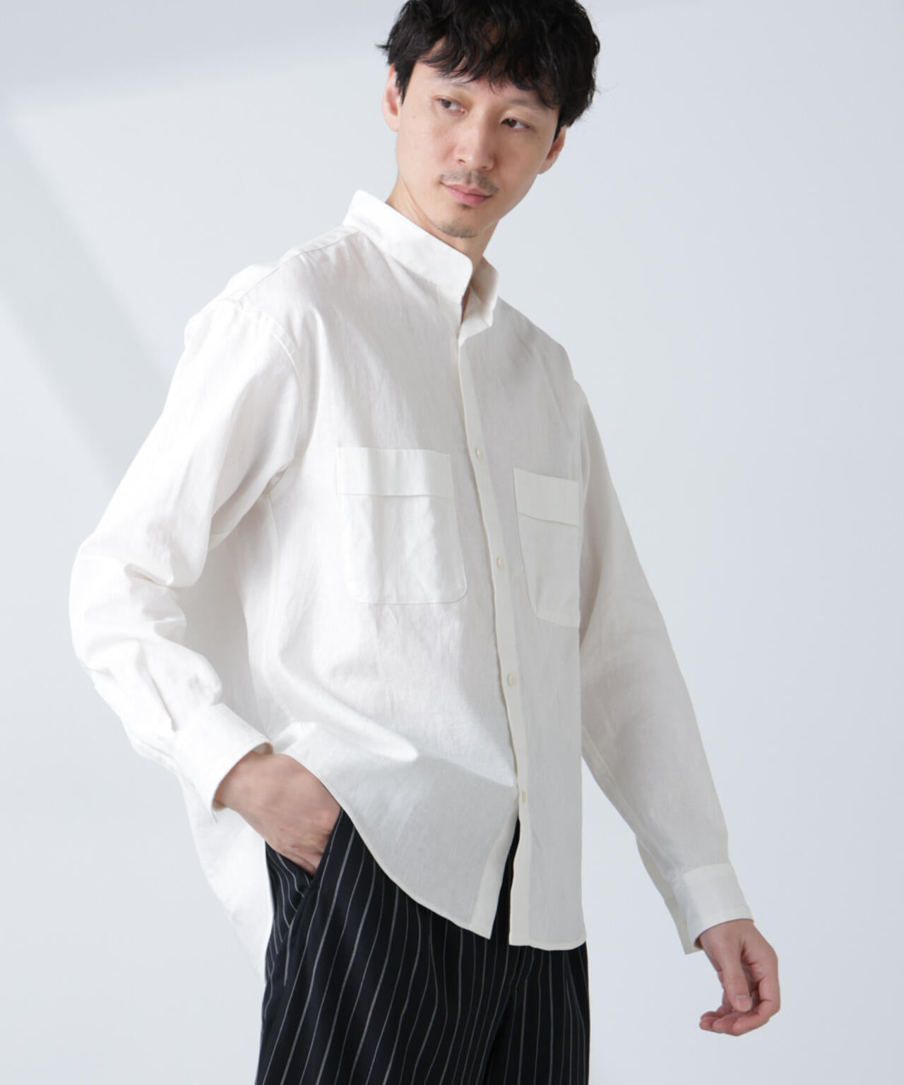 「BELGIUM LINEN FABRICS」リネンコットンスタンドカラーシャツ 6685120219