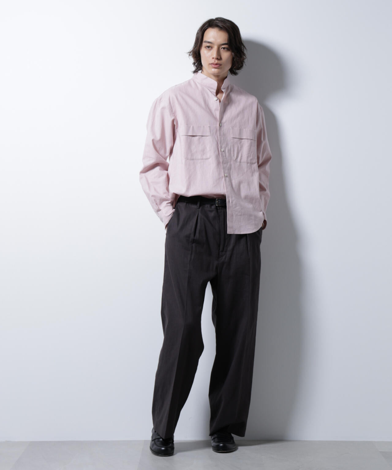 「BELGIUM LINEN FABRICS」リネンコットンスタンドカラーシャツ 6685120219