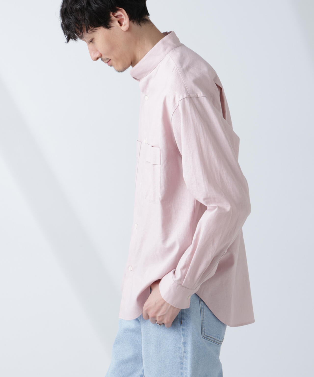 「BELGIUM LINEN FABRICS」リネンコットンスタンドカラーシャツ 6685120219