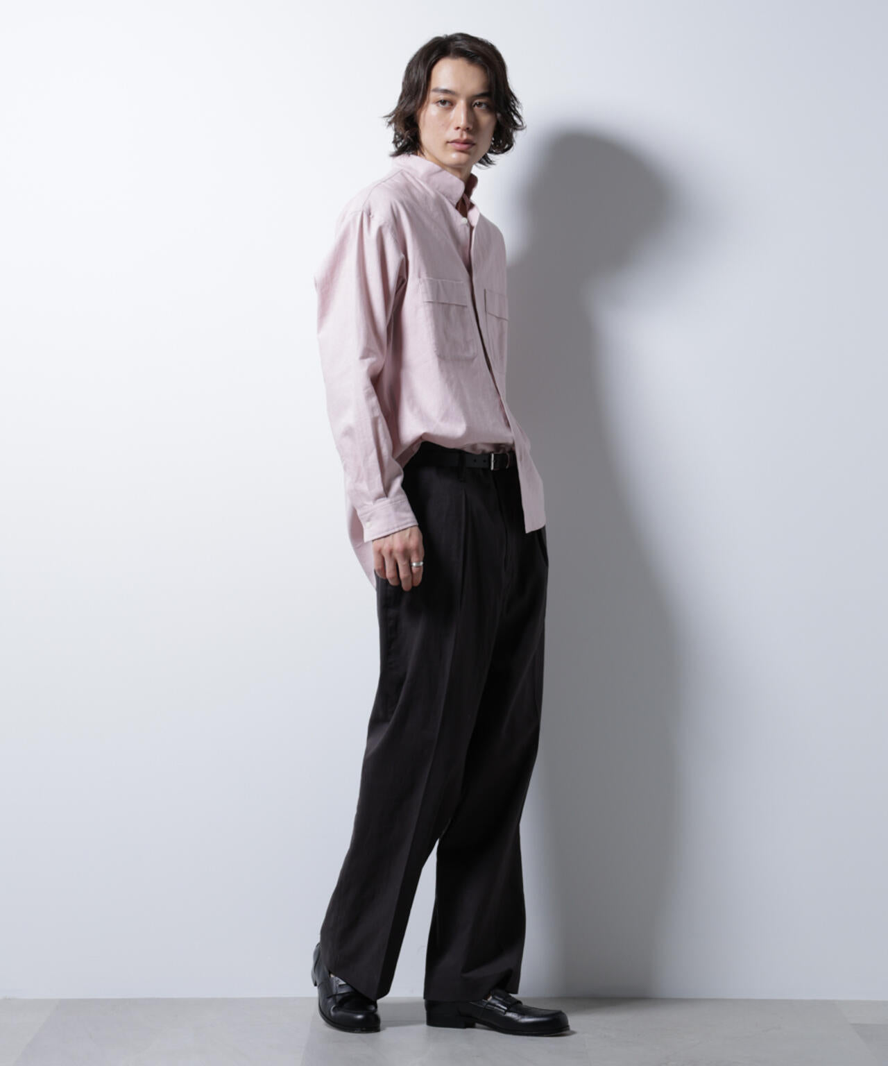 「BELGIUM LINEN FABRICS」リネンコットンスタンドカラーシャツ 6685120219
