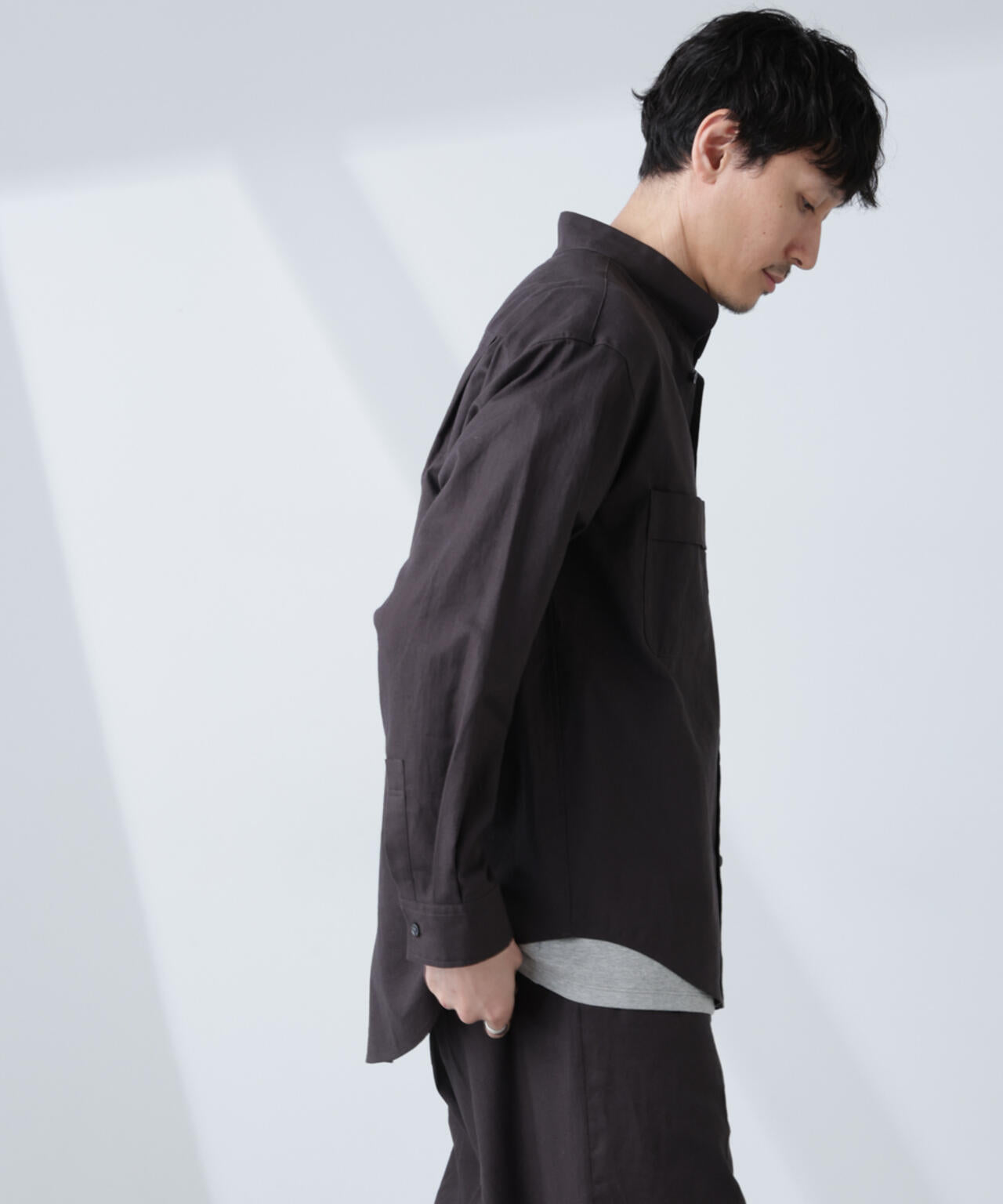 「BELGIUM LINEN FABRICS」リネンコットンスタンドカラーシャツ 6685120219