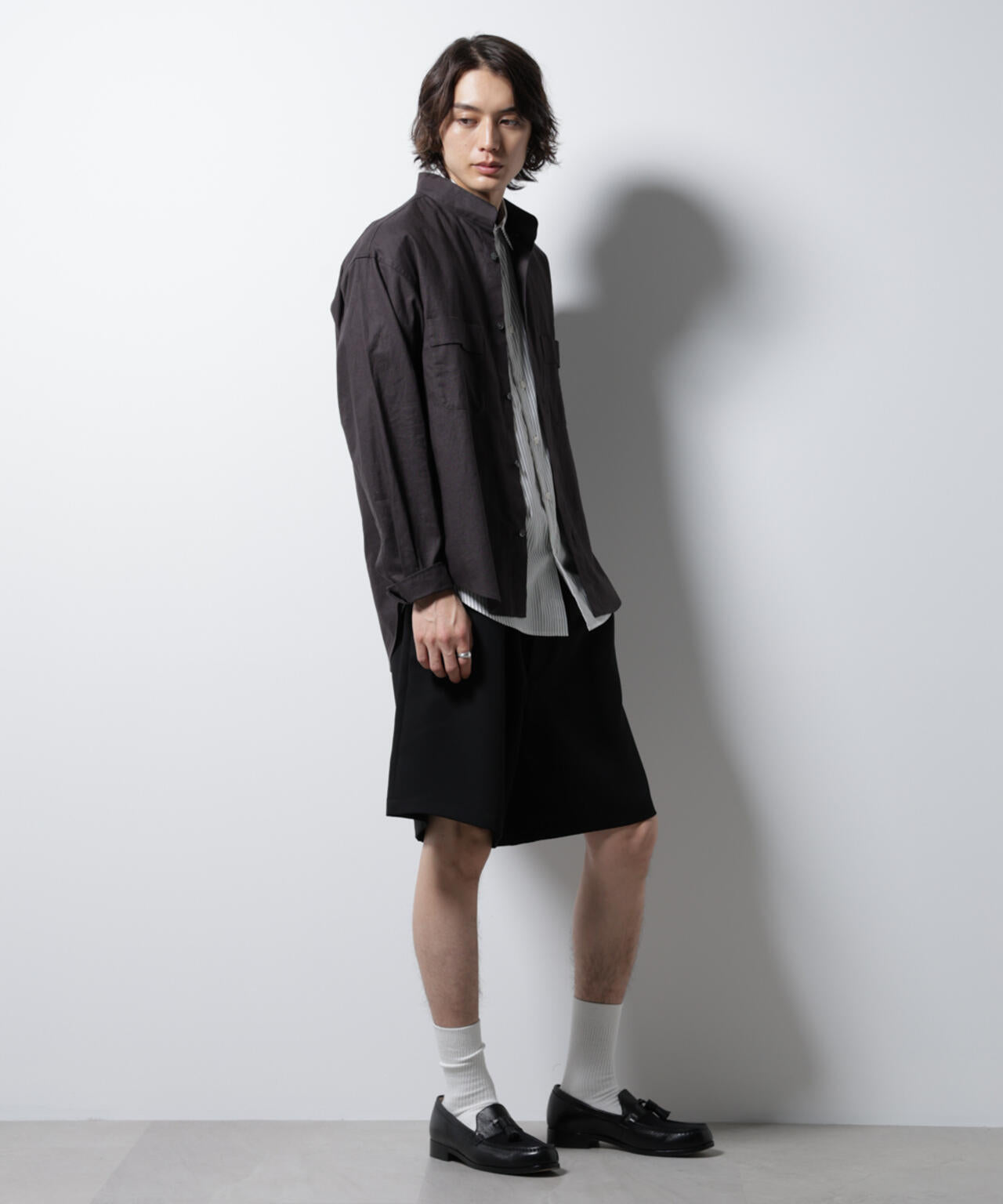 「BELGIUM LINEN FABRICS」リネンコットンスタンドカラーシャツ 6685120219