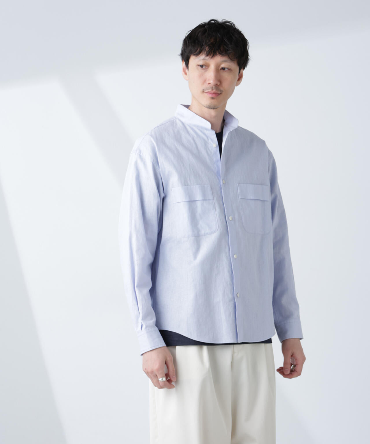 「BELGIUM LINEN FABRICS」リネンコットンスタンドカラーシャツ 6685120219
