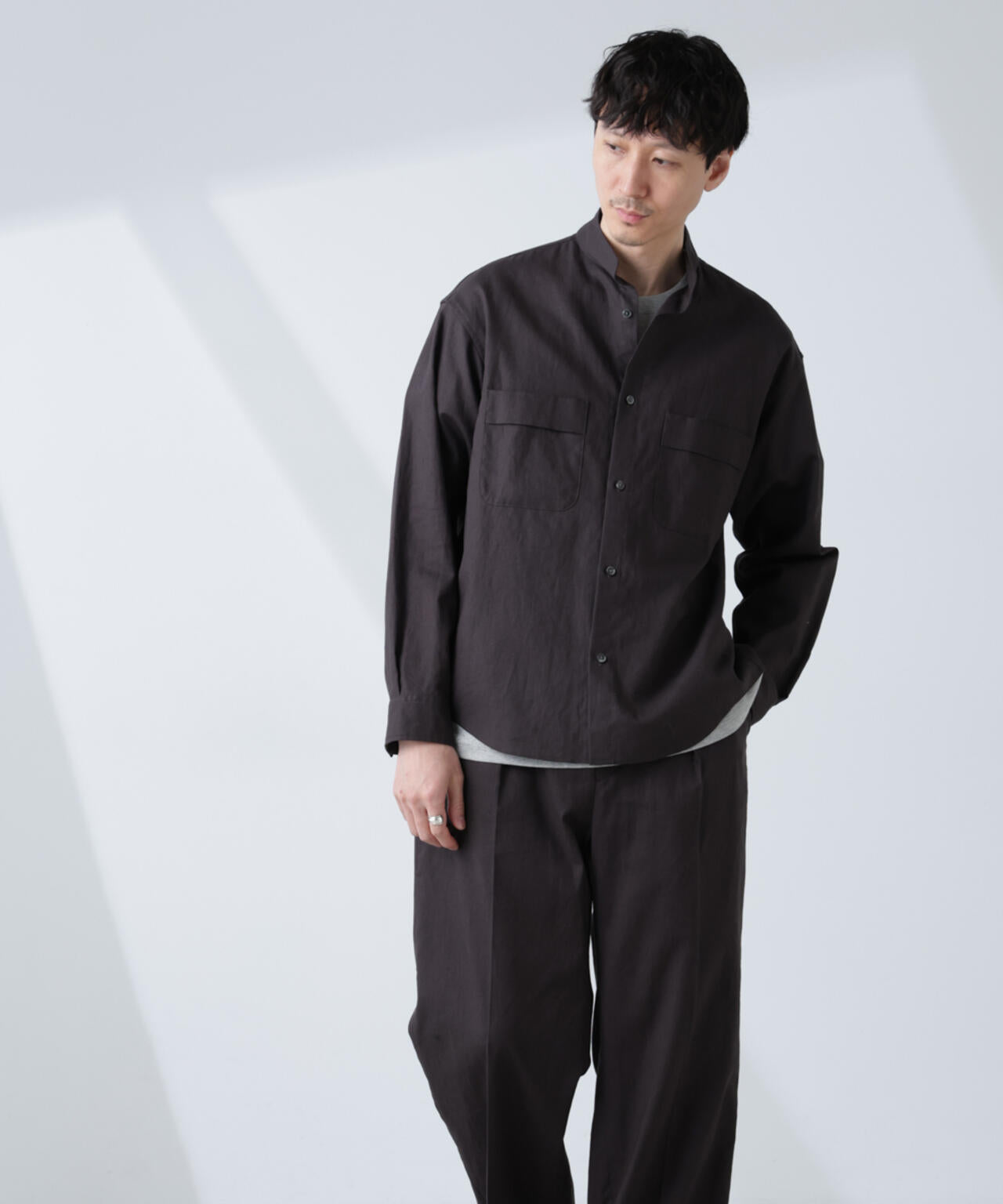 「BELGIUM LINEN FABRICS」リネンコットンスタンドカラーシャツ 6685120219
