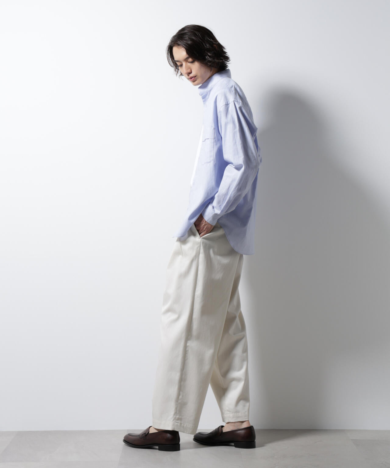 「BELGIUM LINEN FABRICS」リネンコットンスタンドカラーシャツ 6685120219