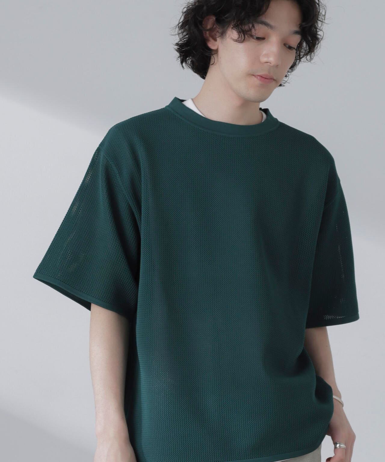 ポリメッシュリラックスクルーネックニットTシャツ 6684122230