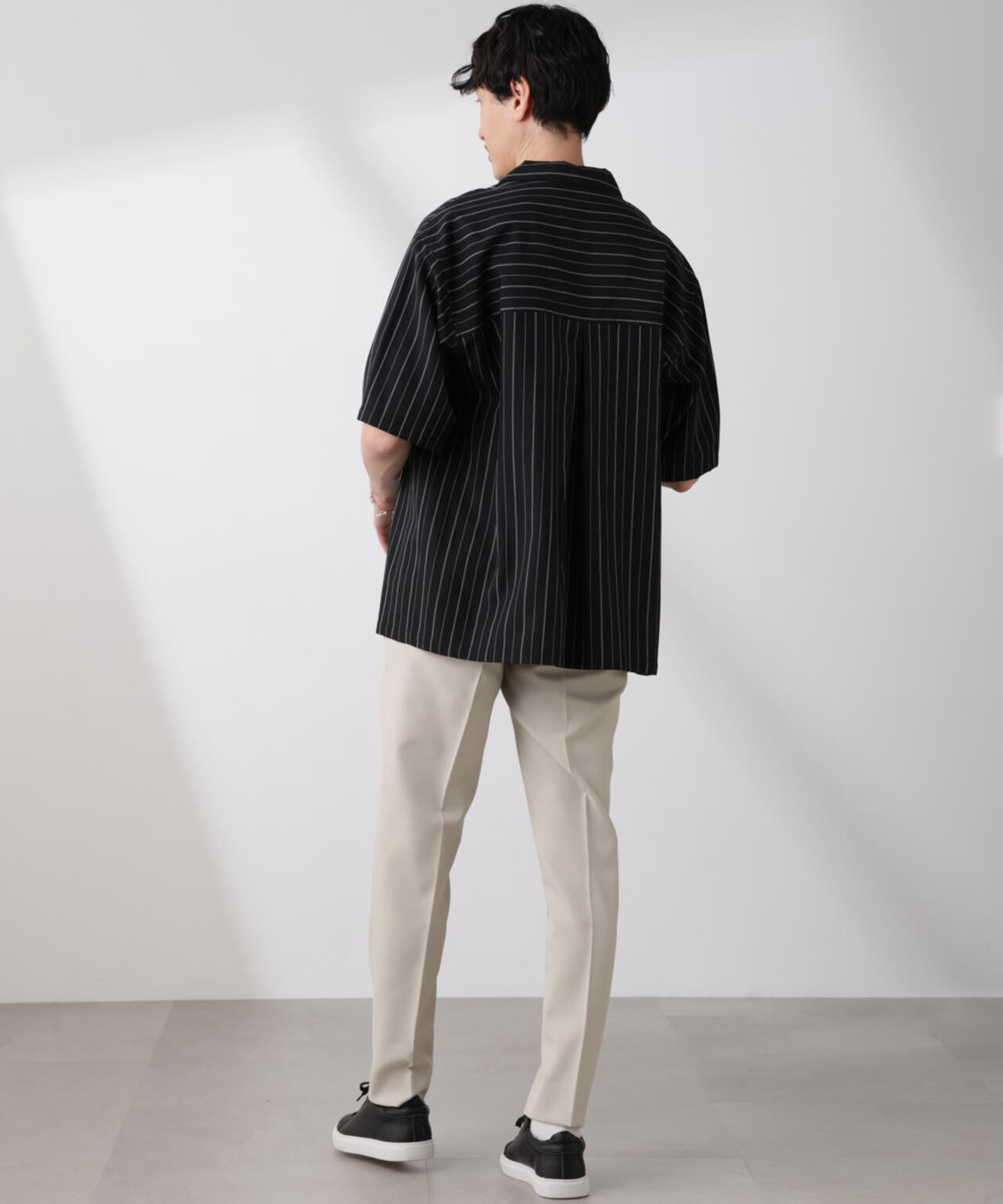 リネンブレンドピンストライプワイドカラーシャツ（セットアップ可) 6685121212