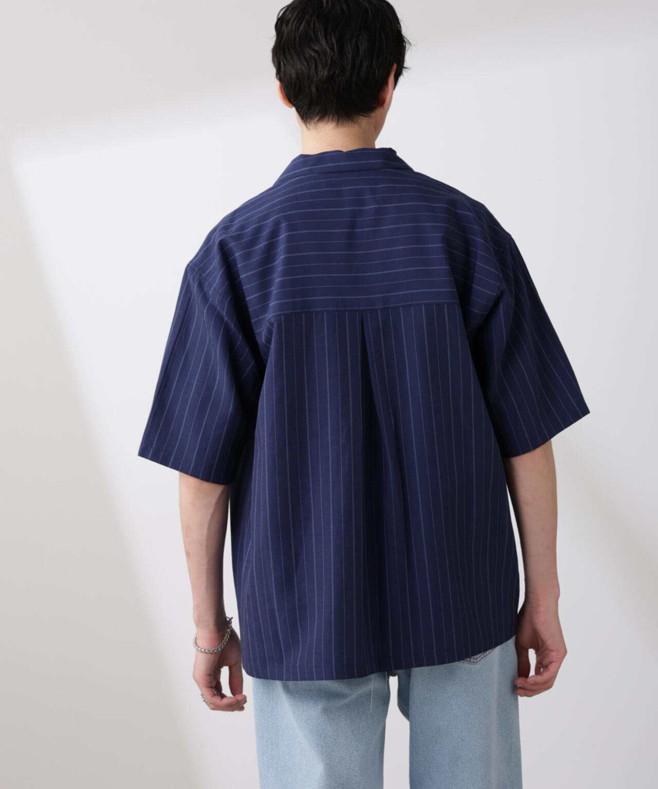 リネンブレンドピンストライプワイドカラーシャツ（セットアップ可) 6685121212