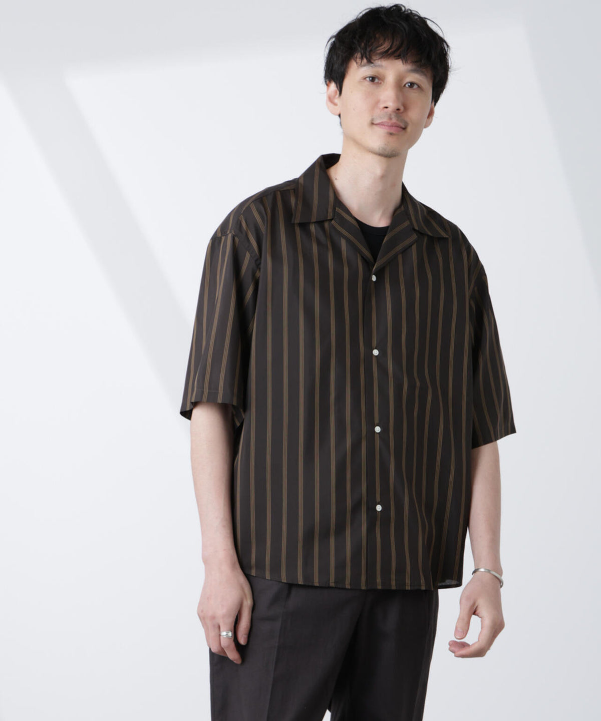 「大人のワイドシャツ」ストライプオープンカラー半袖シャツ 6685121214