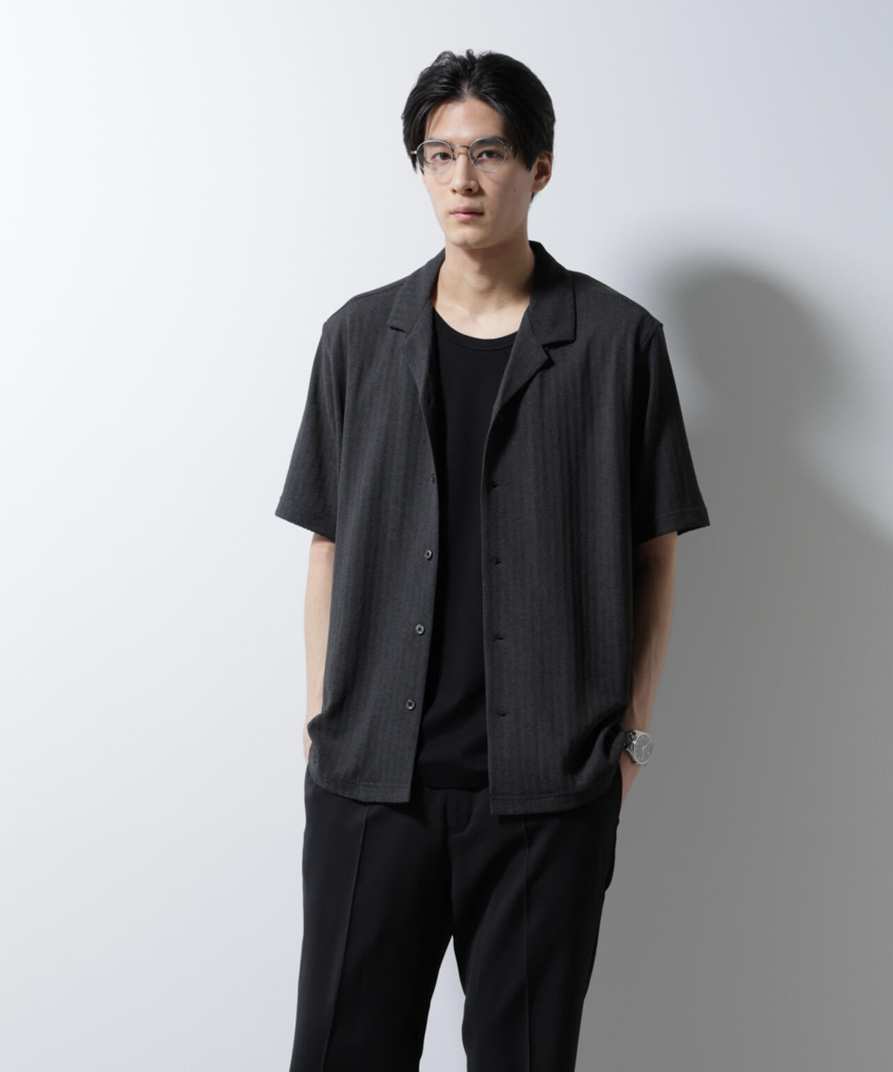 「Damerino」 ヘリンボン オープンカラーシャツ 半袖 6685124247