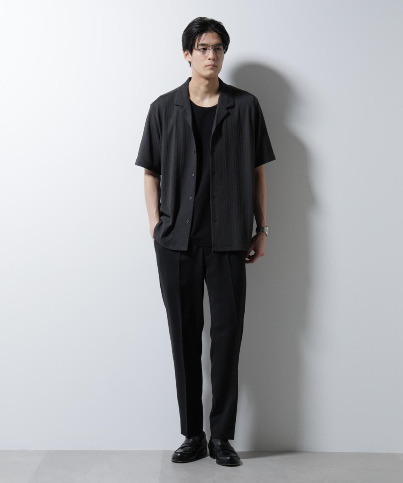 「Damerino」 ヘリンボン オープンカラーシャツ 半袖 6685124247