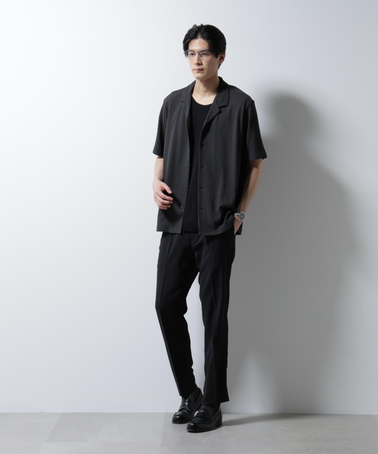 「Damerino」 ヘリンボン オープンカラーシャツ 半袖 6685124247