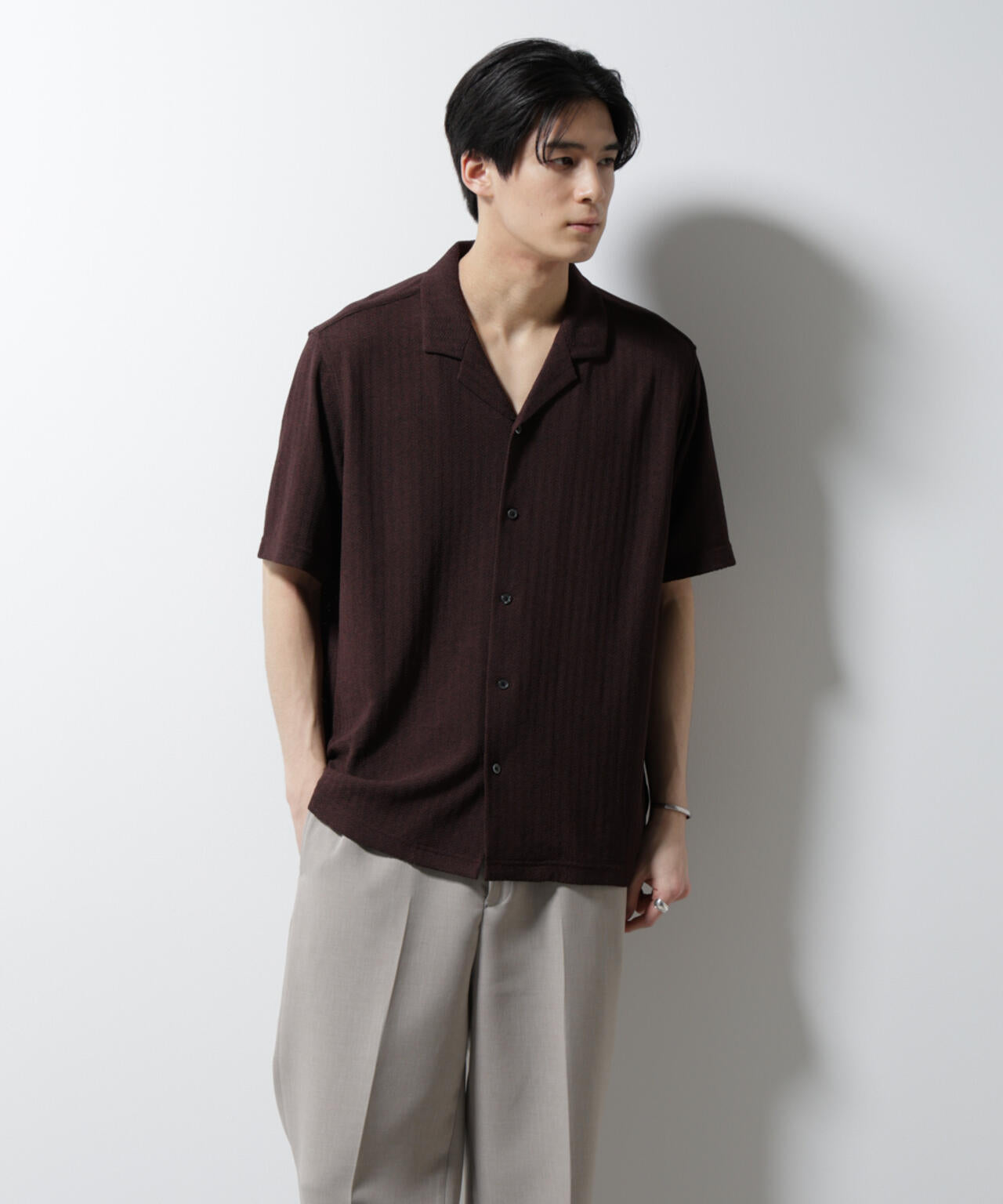 「Damerino」 ヘリンボン オープンカラーシャツ 半袖 6685124247