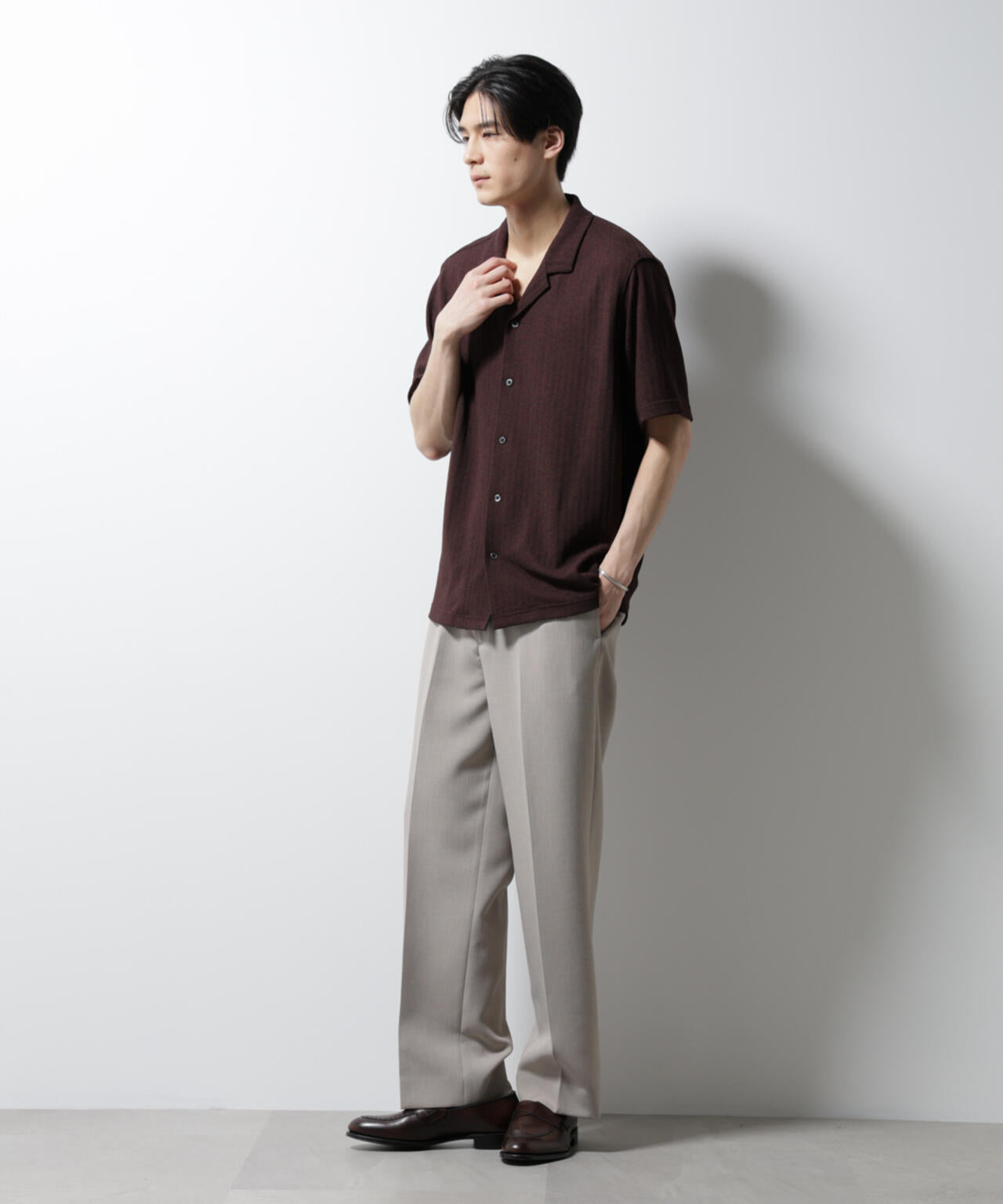 「Damerino」 ヘリンボン オープンカラーシャツ 半袖 6685124247