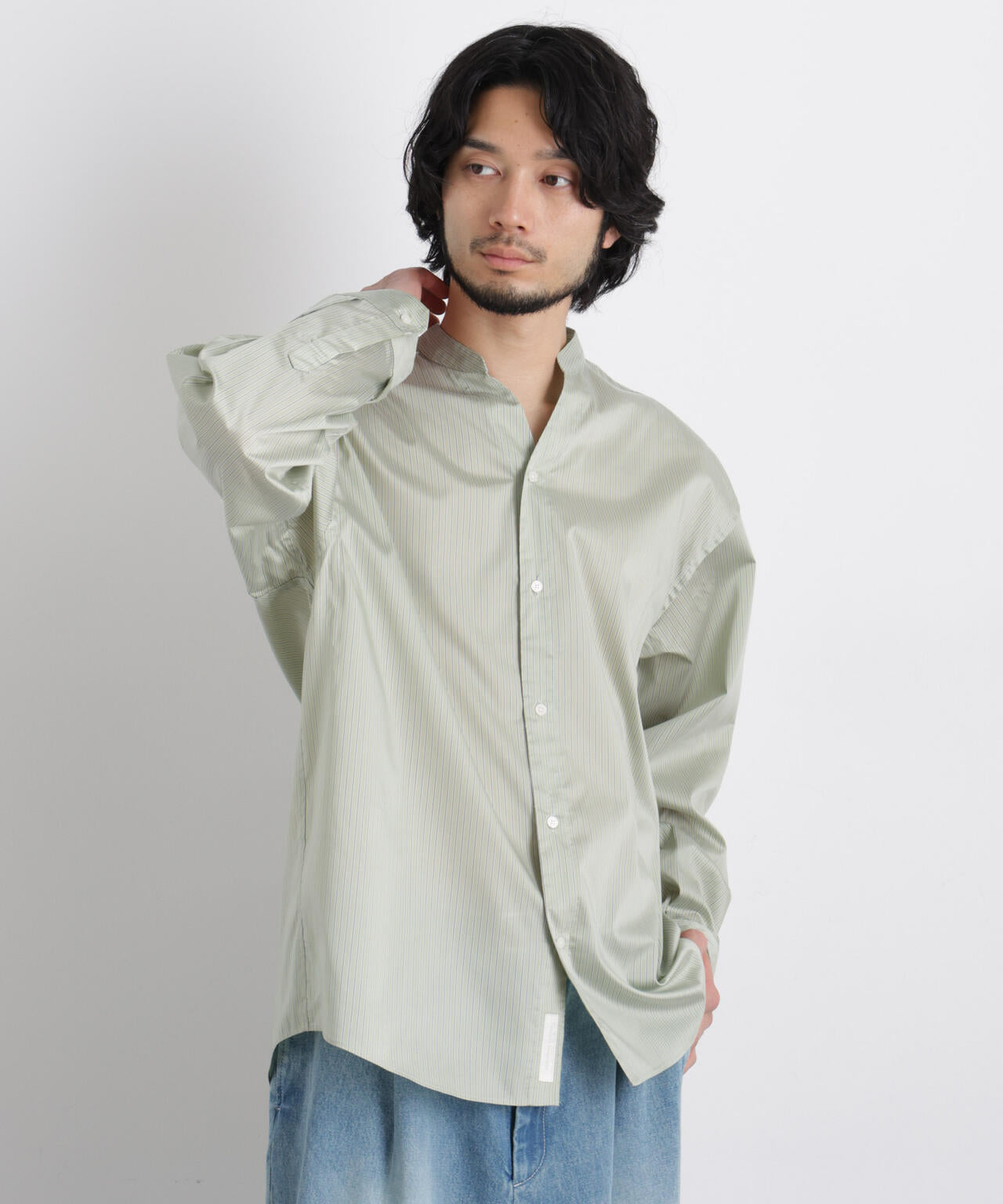 「OtoNANO」大人のワイドシャツバンドカラー ストライプ長袖