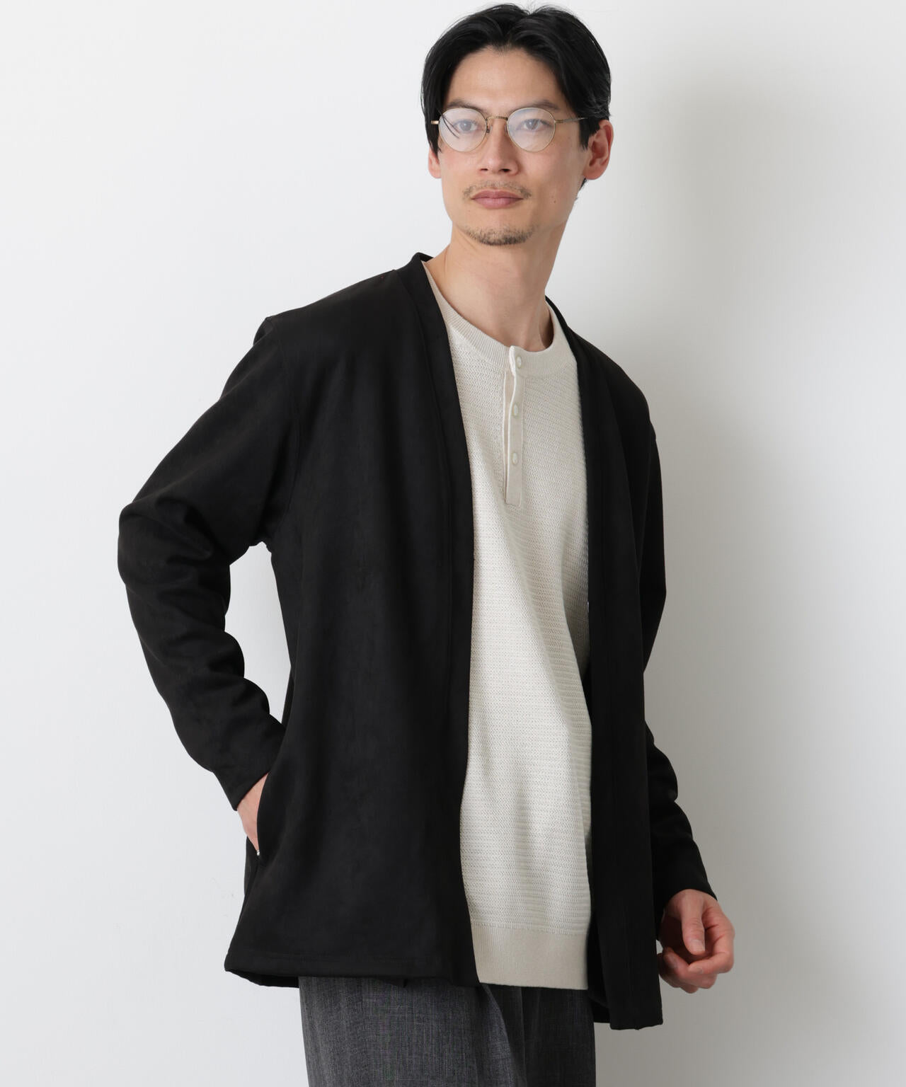 「モダンコンフォート」フェイクスエードトッパーカーディガン