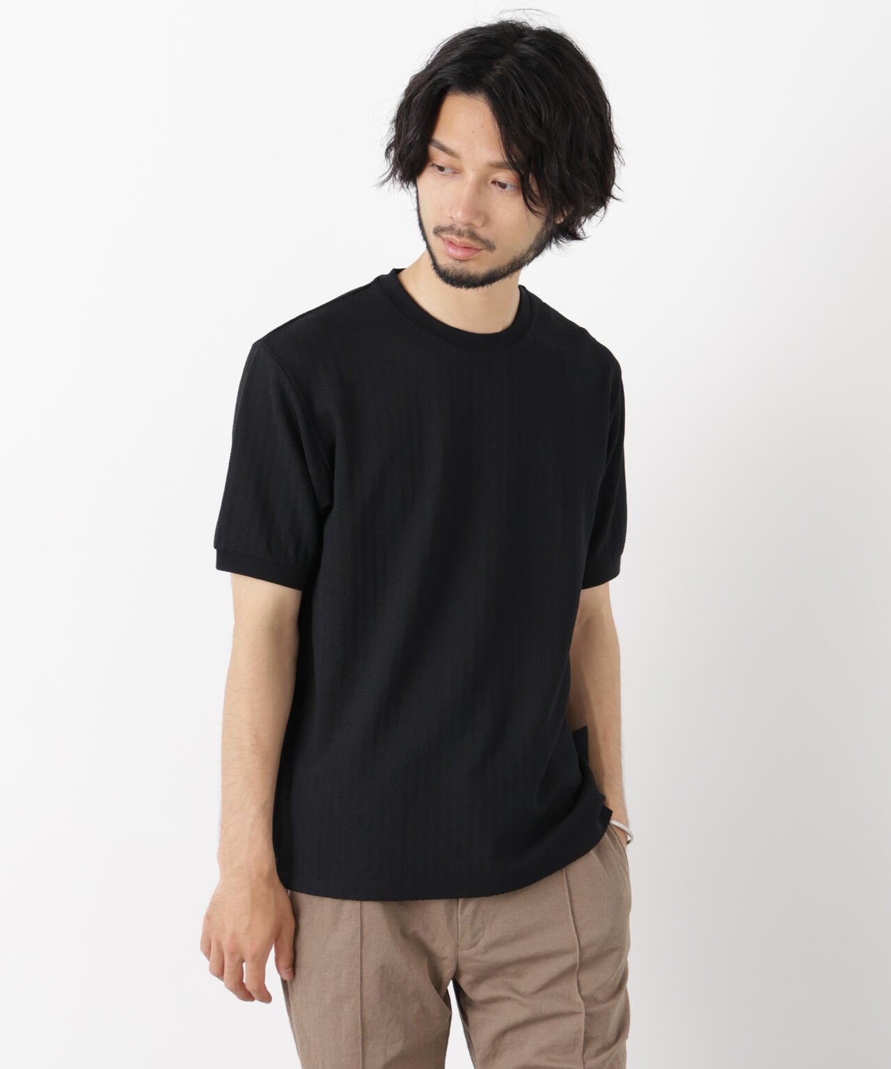 「モダンコンフォート」ヘリンボン クルーネックTシャツ 半袖 6686124243
