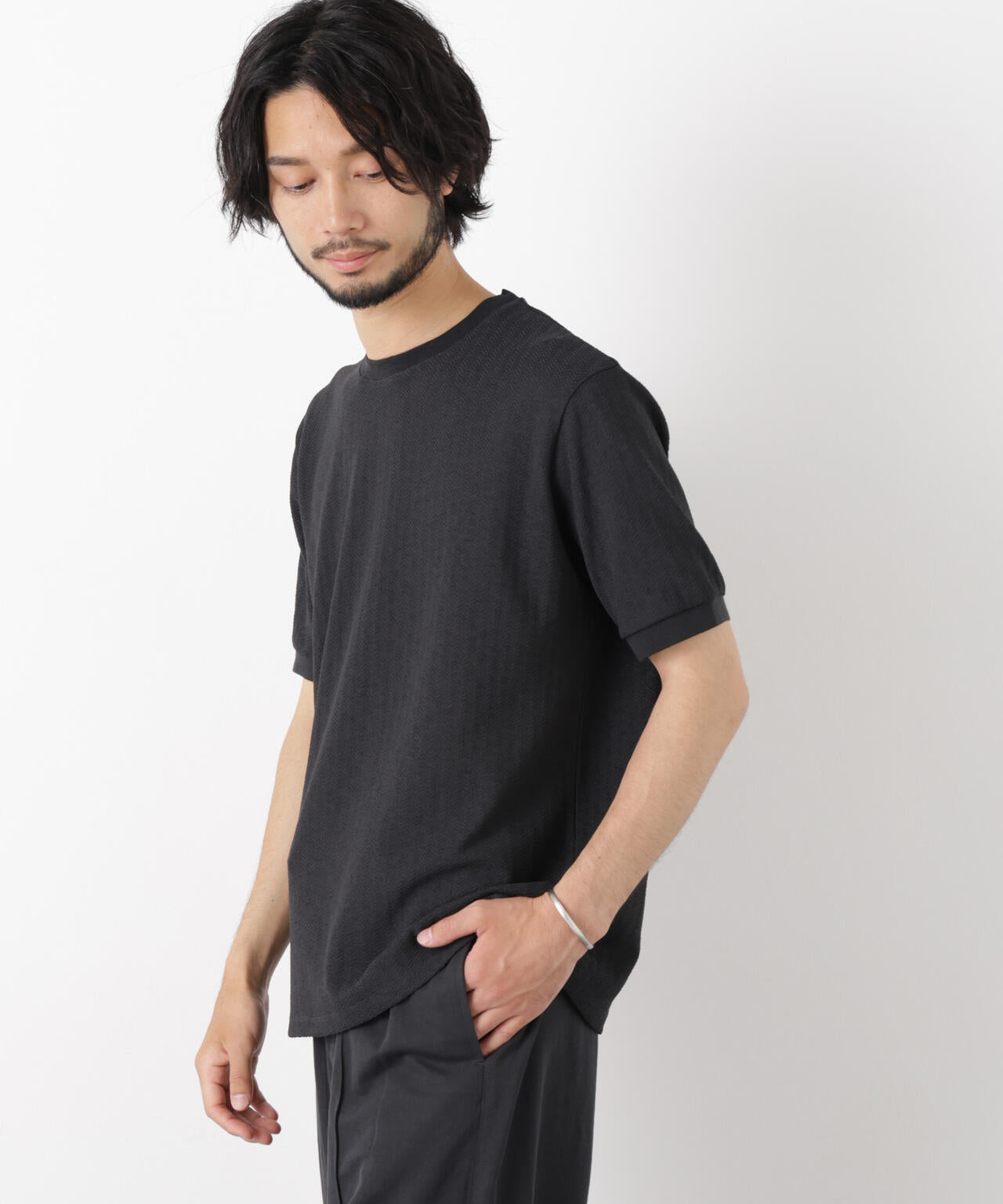 「モダンコンフォート」ヘリンボン クルーネックTシャツ 半袖 6686124243