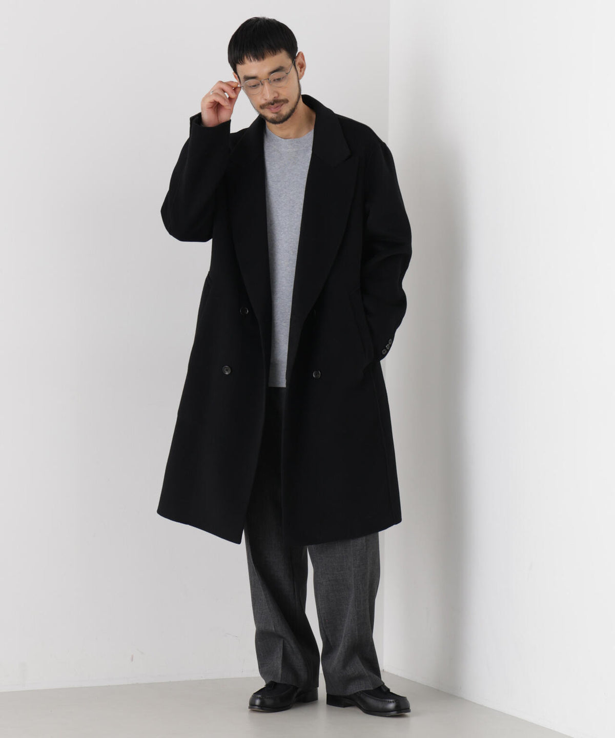 ｢ASSEMBLANC｣ カシミヤブレンドリバーピークドラペルダブルコート 6686211209