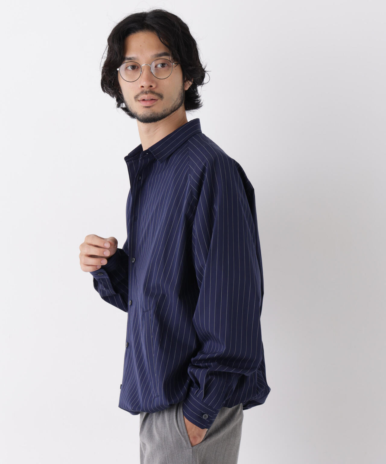 「OtoNANO」2WAYコーチシャツ スーピマコットンタイプライター/ストライプ 6686220226
