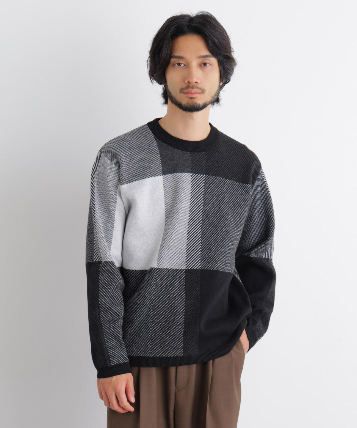 ブロックチェッククルーネックニット 6686222217