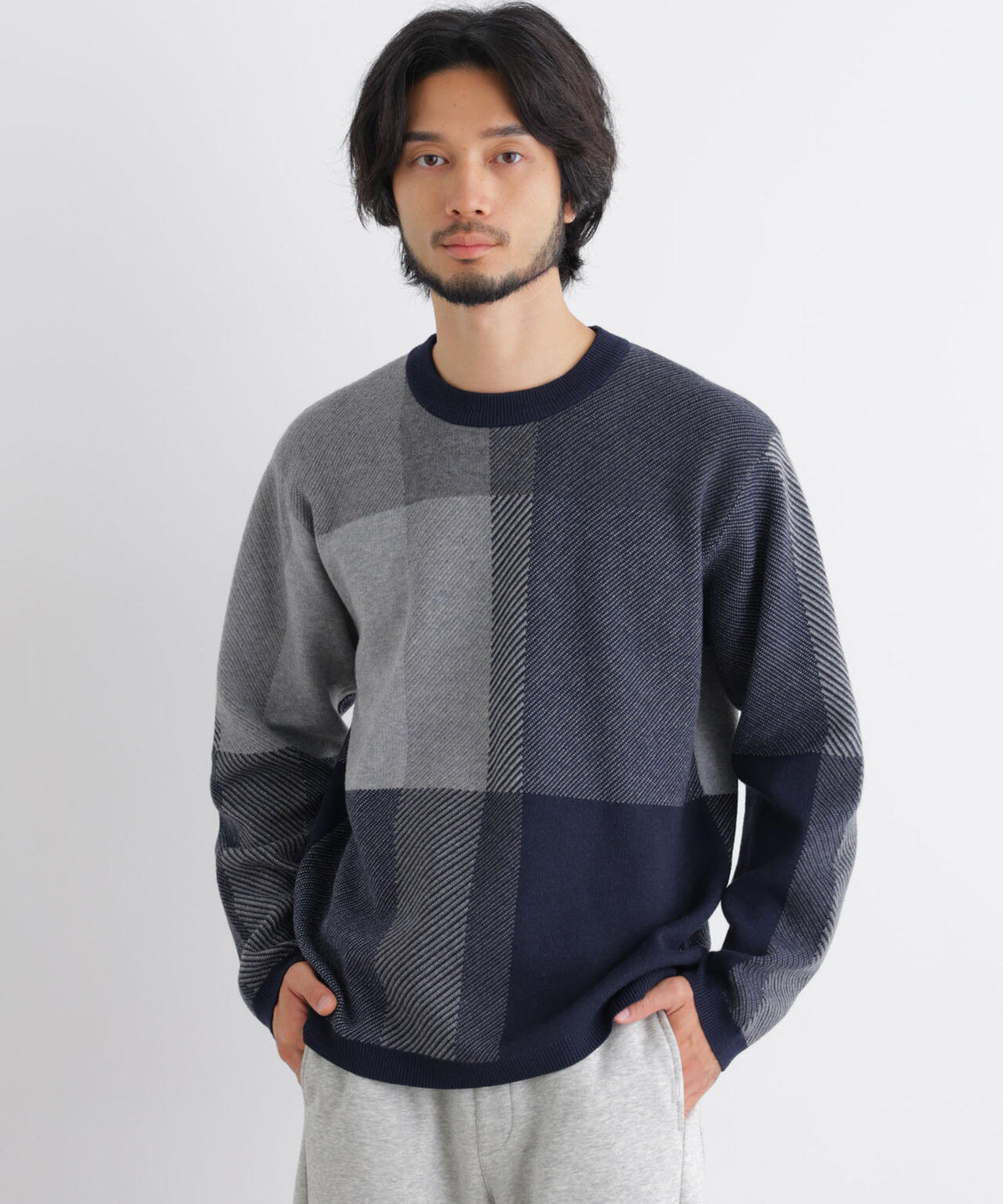 ブロックチェッククルーネックニット 6686222217