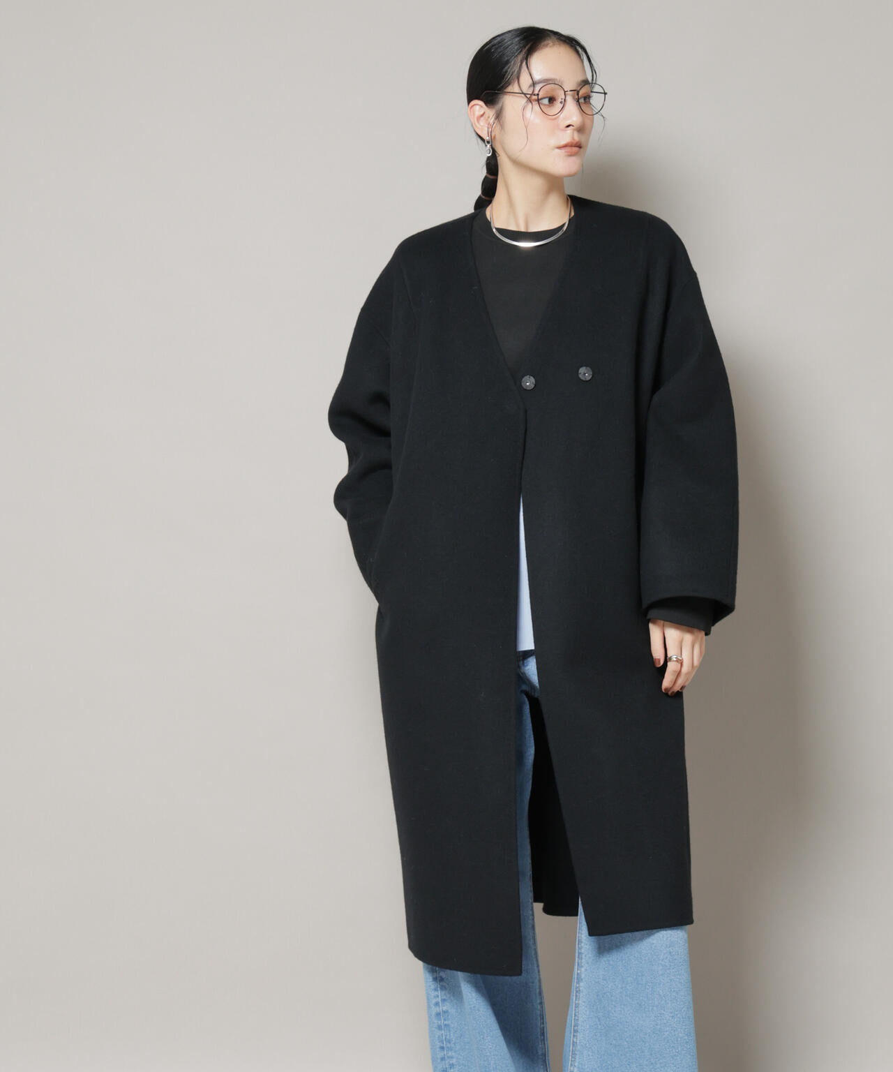 SUPER110blend リバーノーカラーロングコート 6695211303