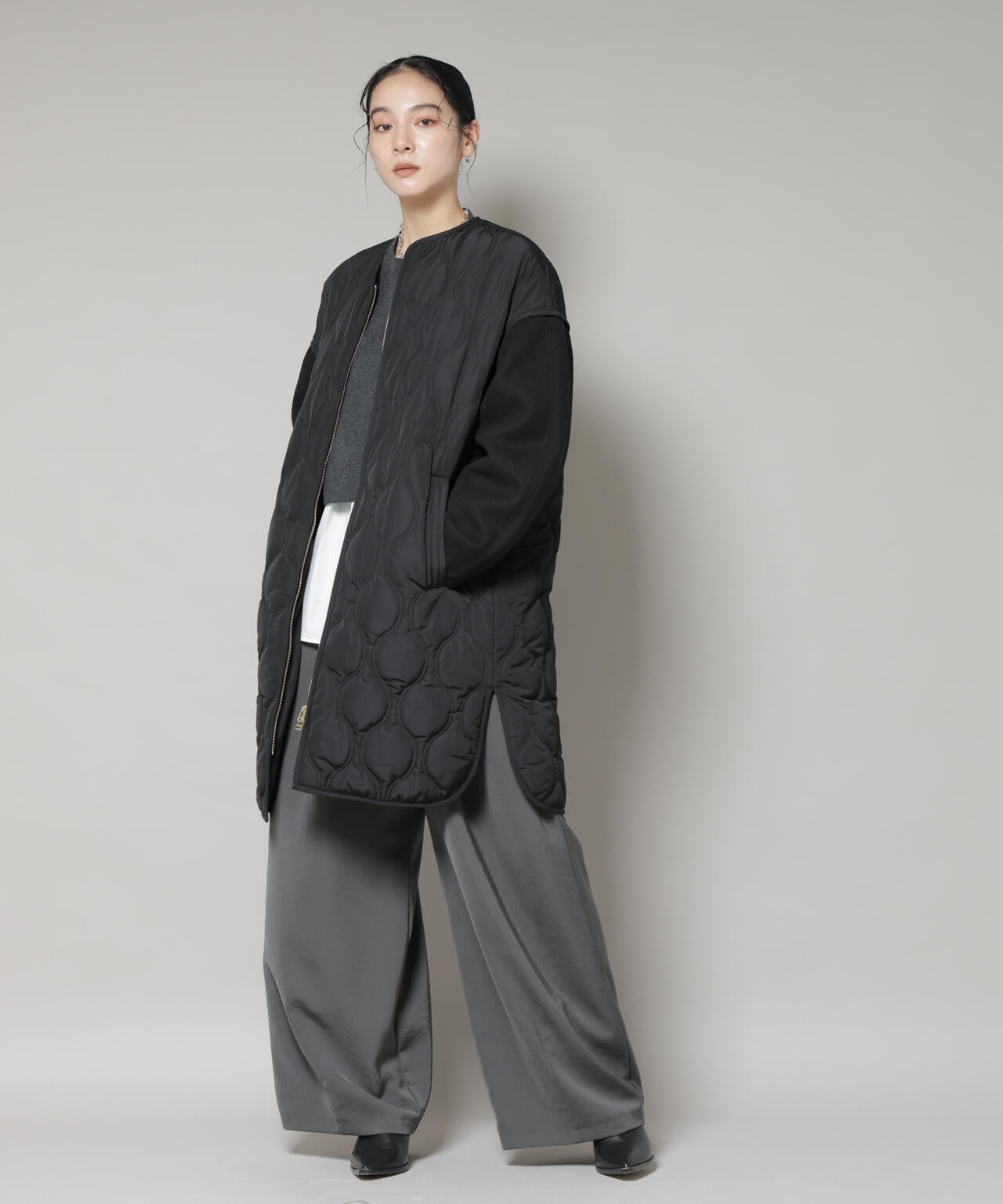 異素材コンビキルティングノーカラーコート 6695211305