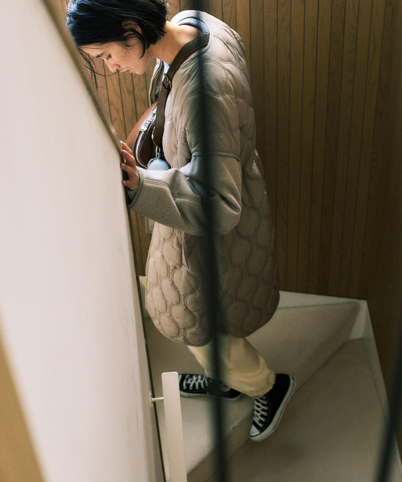 異素材コンビキルティングノーカラーコート 6695211305