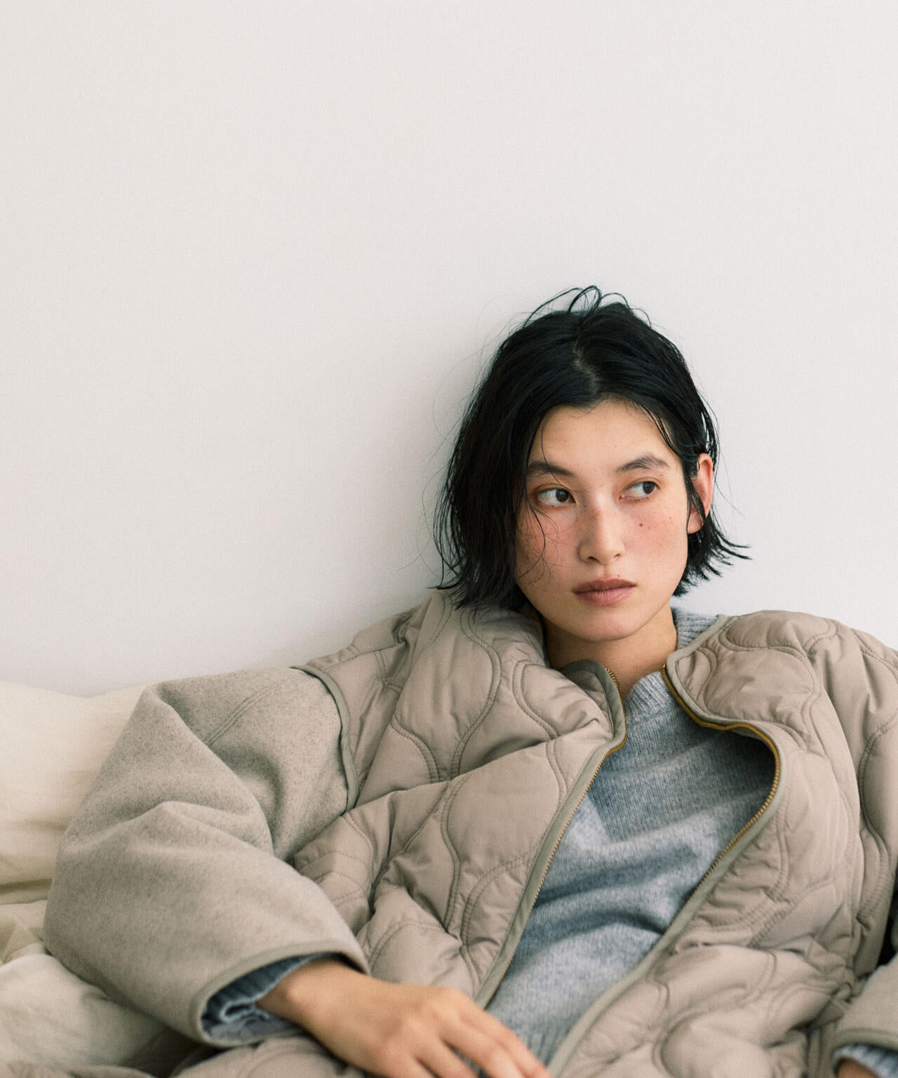 異素材コンビキルティングノーカラーコート