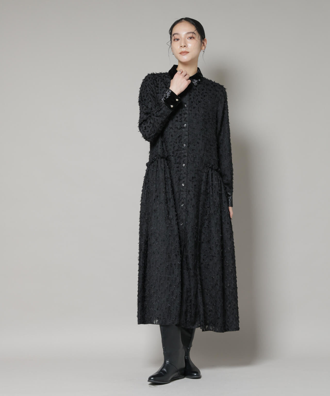 フリンジジャガードナローシャツワンピース 6695219326