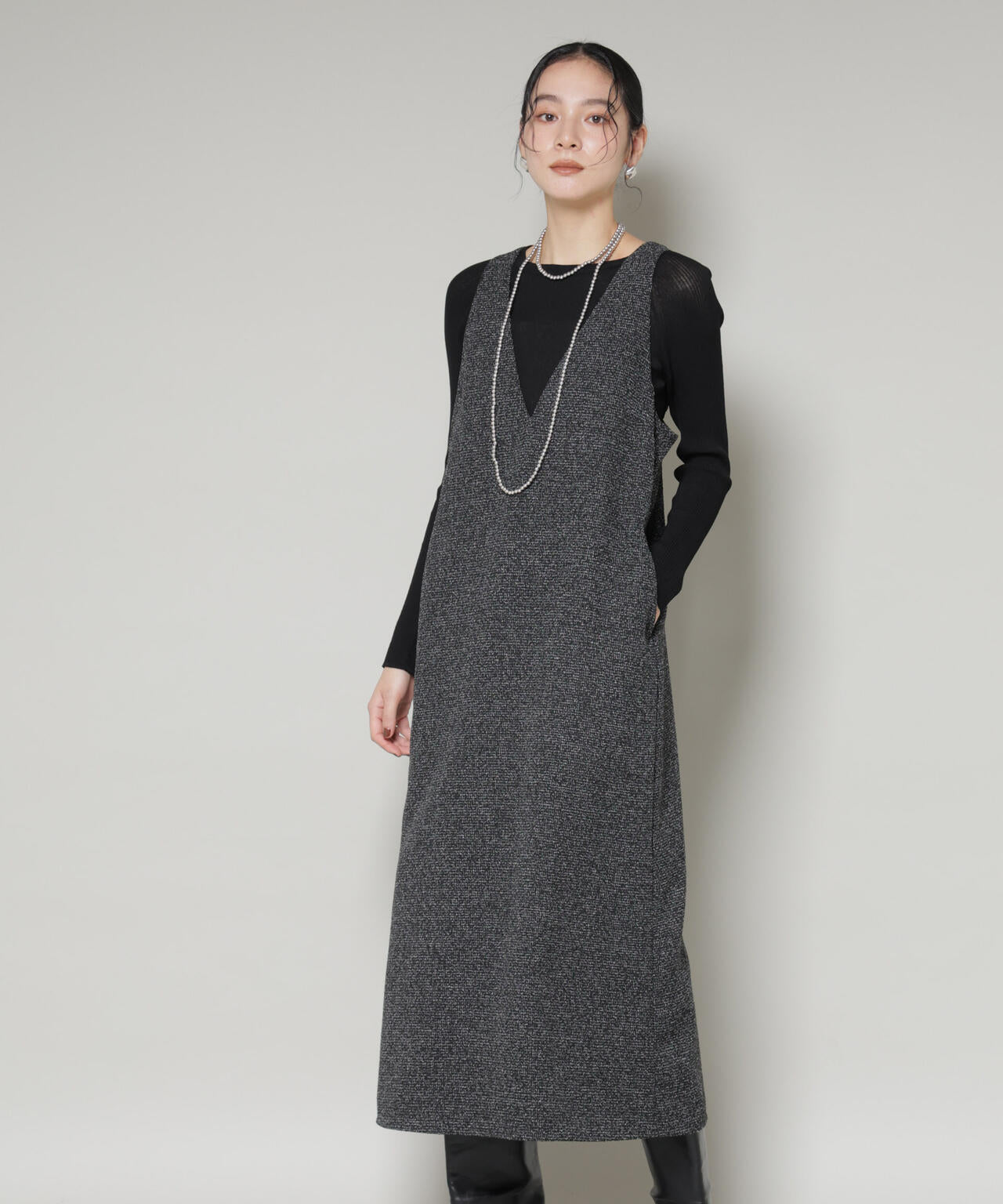 ツイードIラインワンピース×シアーリブニットセット 6695219329