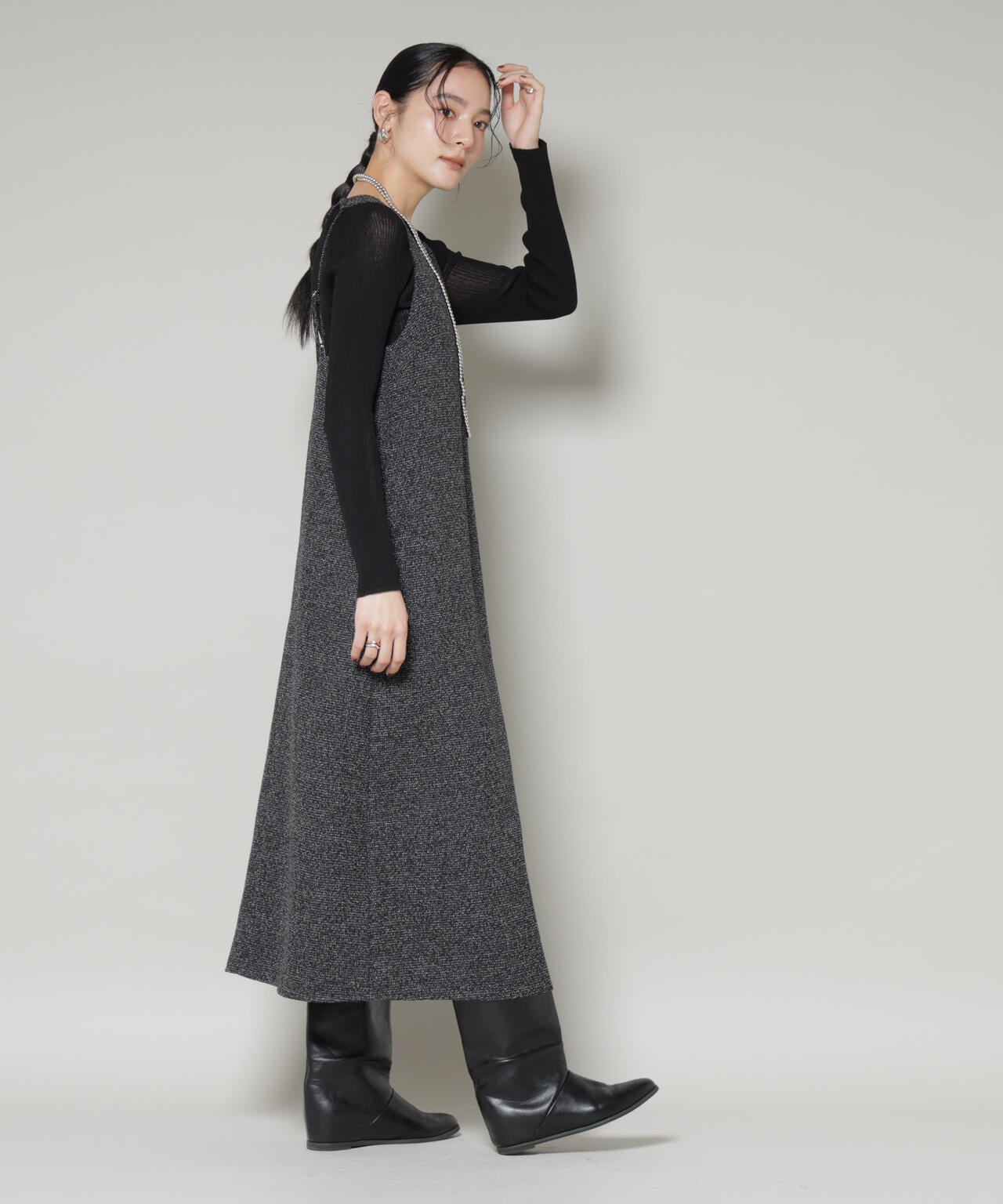 ツイードIラインワンピース×シアーリブニットセット 6695219329