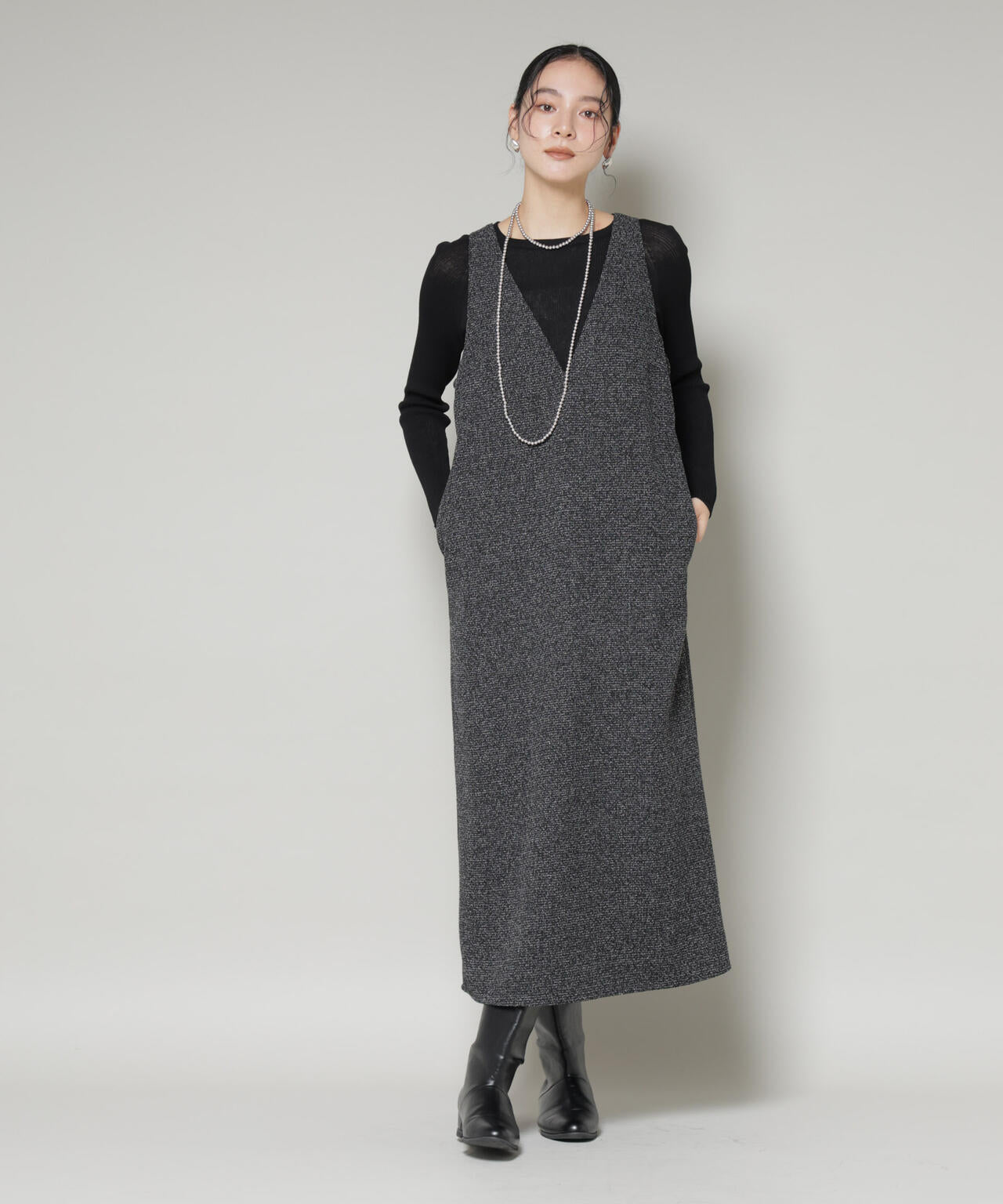 ツイードIラインワンピース×シアーリブニットセット 6695219329