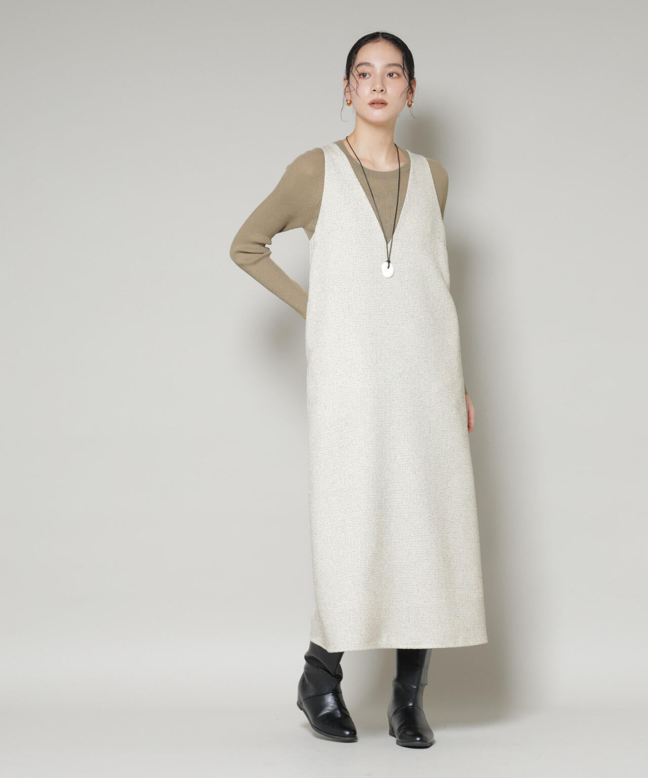 ツイードIラインワンピース×シアーリブニットセット 6695219329