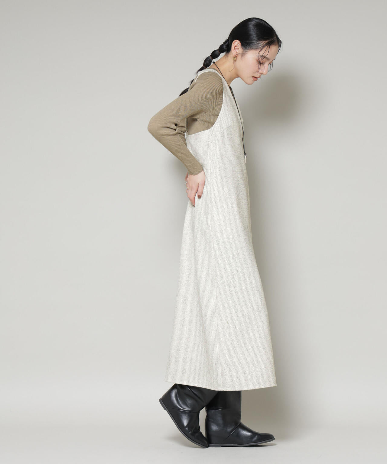 ツイードIラインワンピース×シアーリブニットセット 6695219329