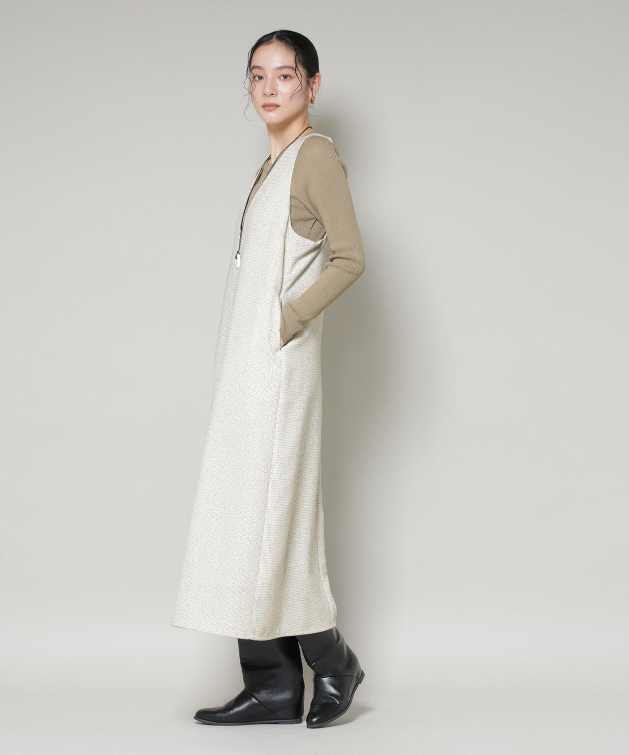 ツイードIラインワンピース×シアーリブニットセット 6695219329